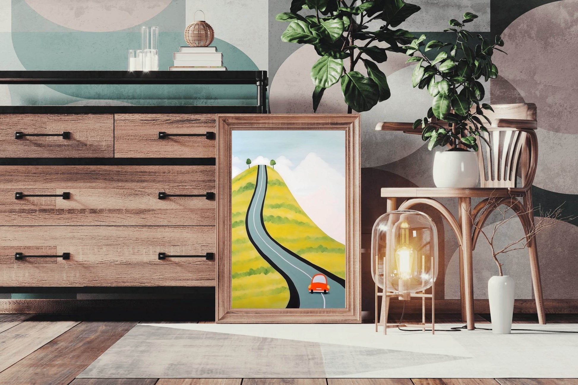 Drawing of a Car Driving Through the Village - beink online art store