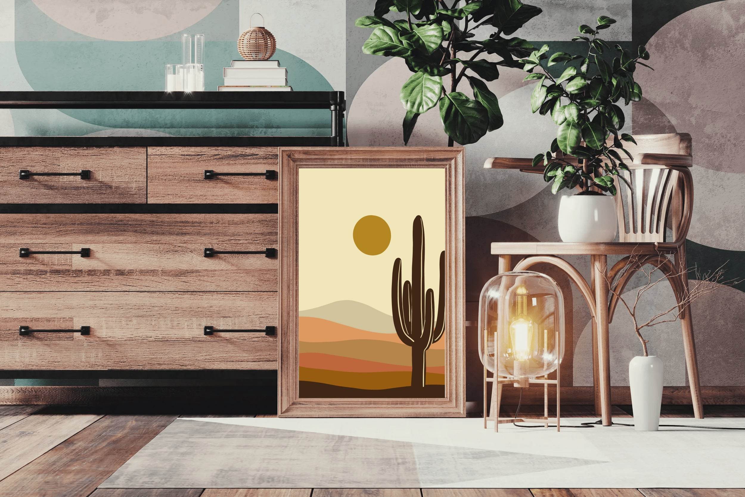 Stylized Desert Landscape with Cactus and Sun ArtWork - beink online art store