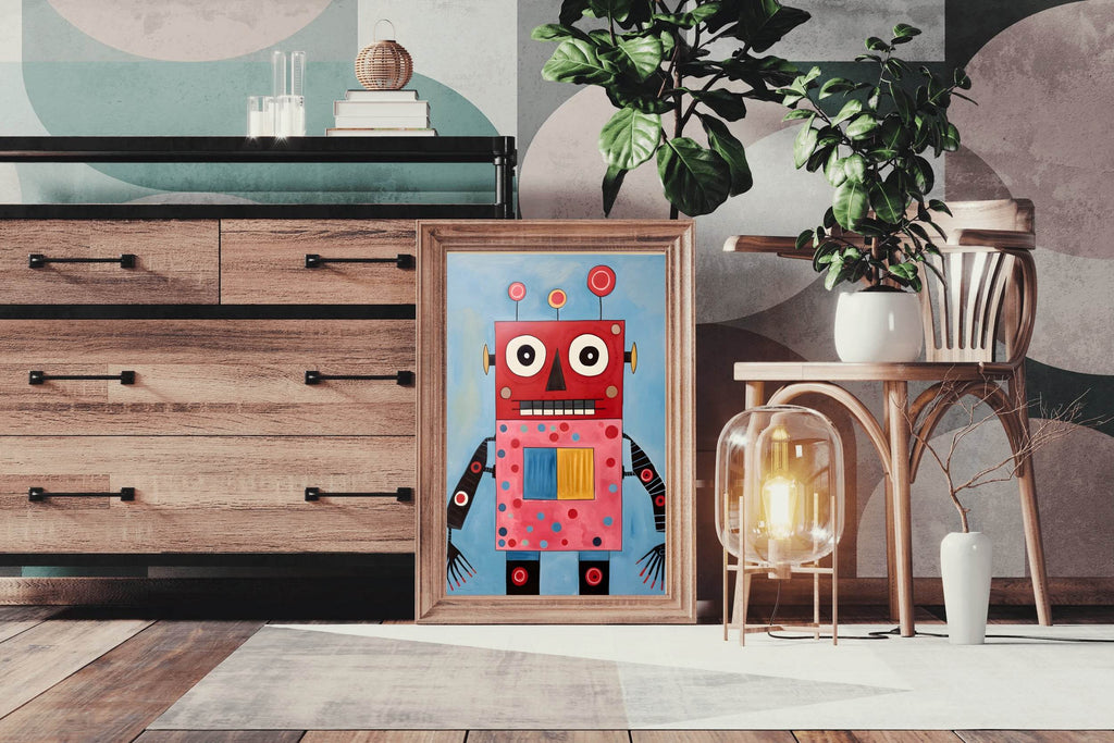 Painting of Red and Pink WaterColor Robot - beink online art store