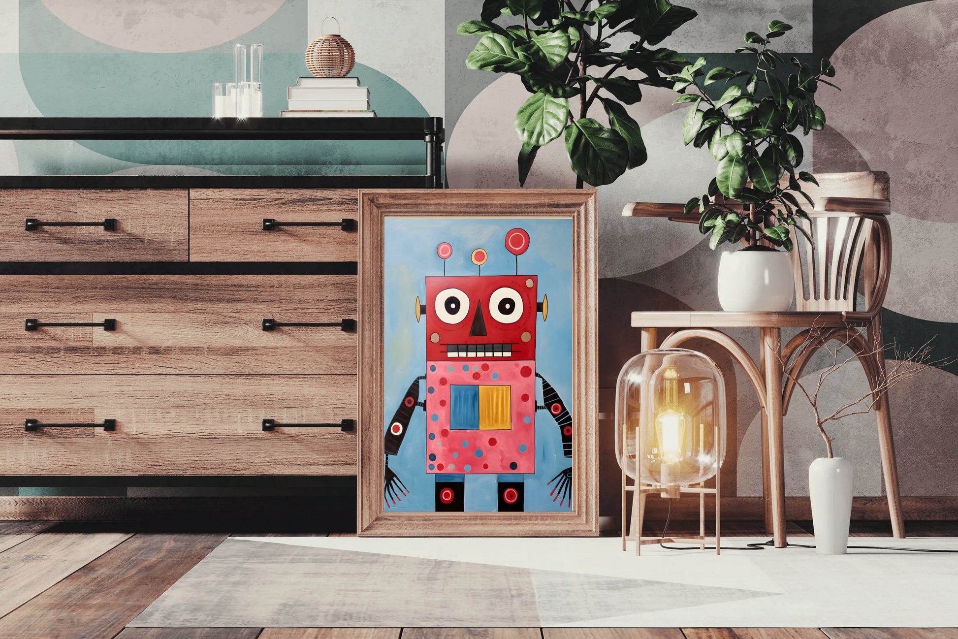 Painting of Red and Pink WaterColor Robot - beink online art store