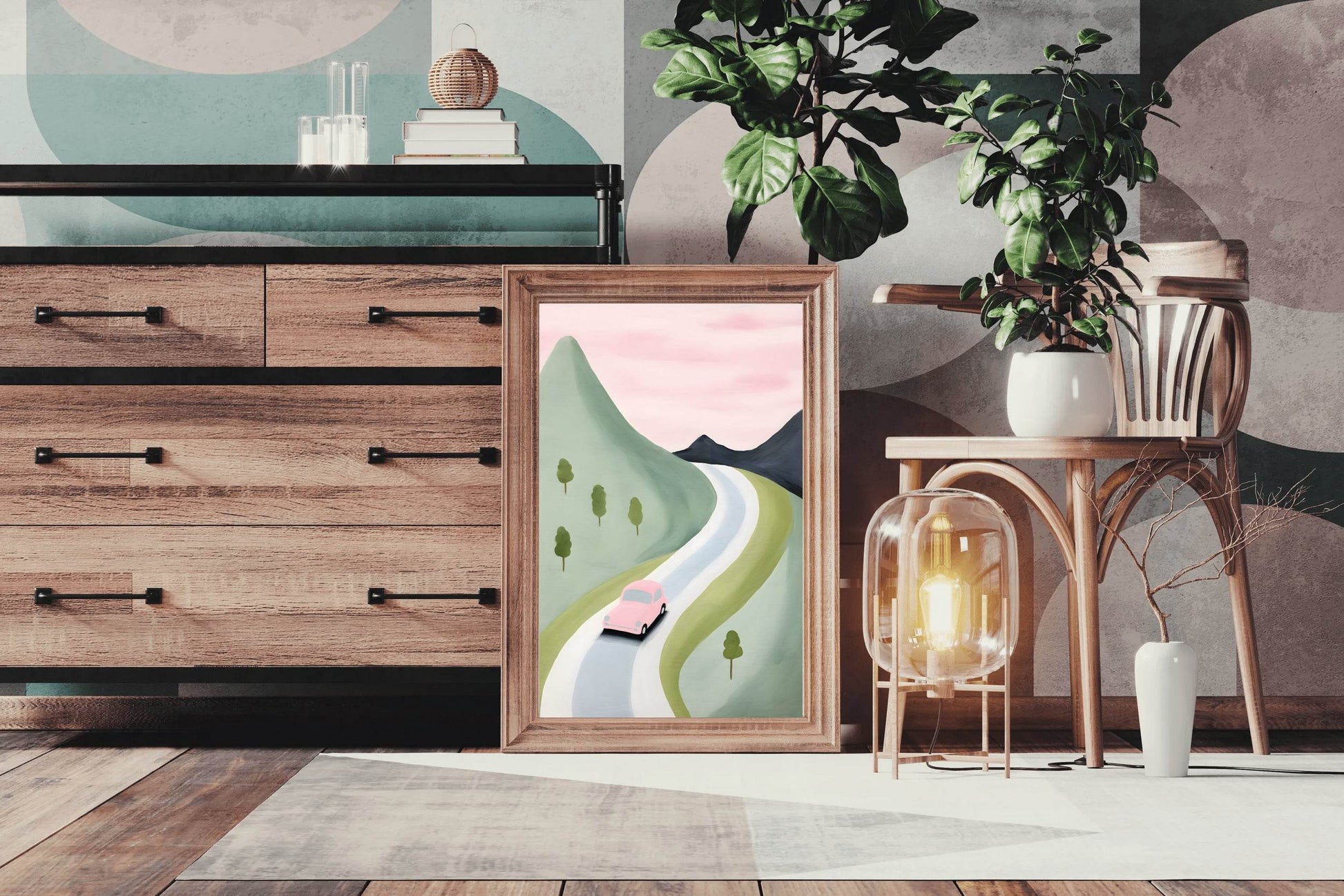 Watercolor Drawing of a Pink Car in the Mountains - beink online art store