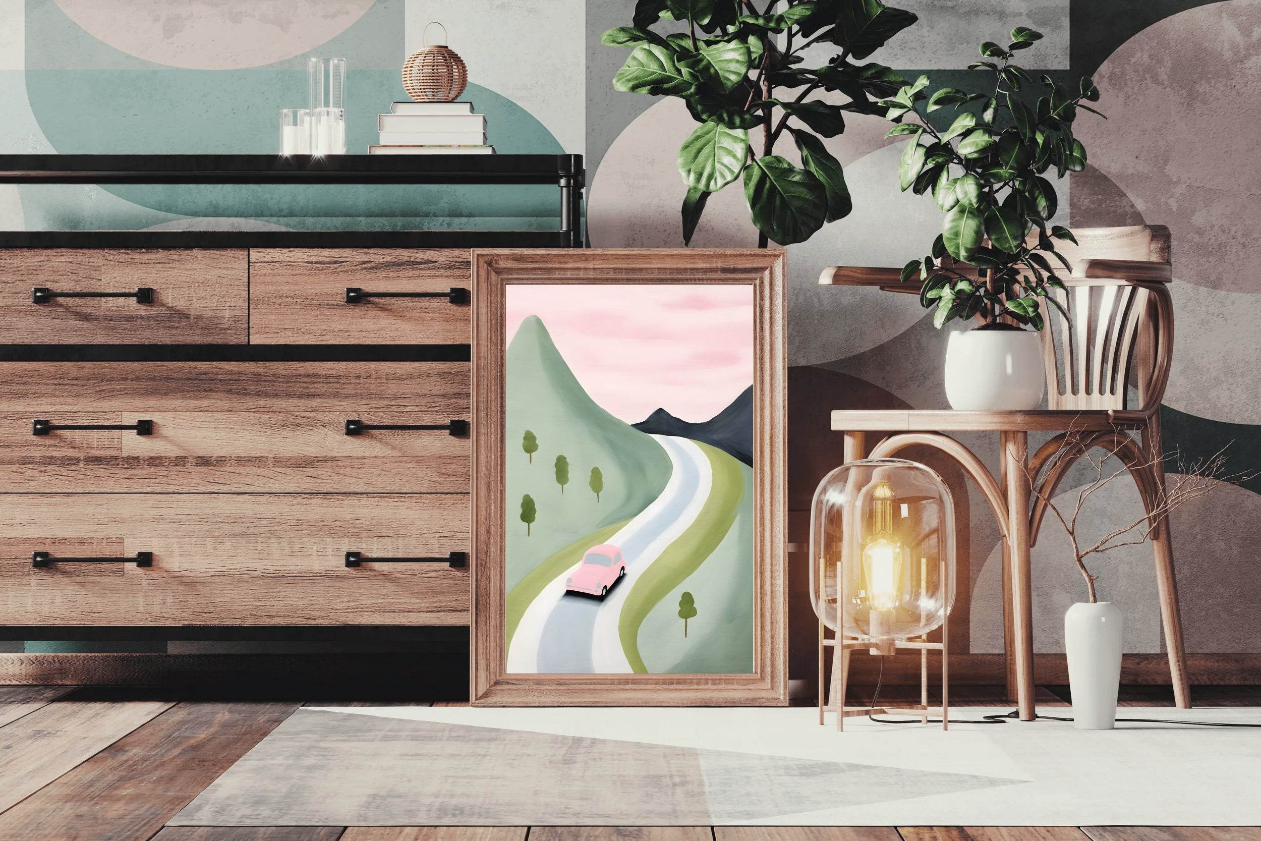 Watercolor Drawing of a Pink Car in the Mountains - beink online art store