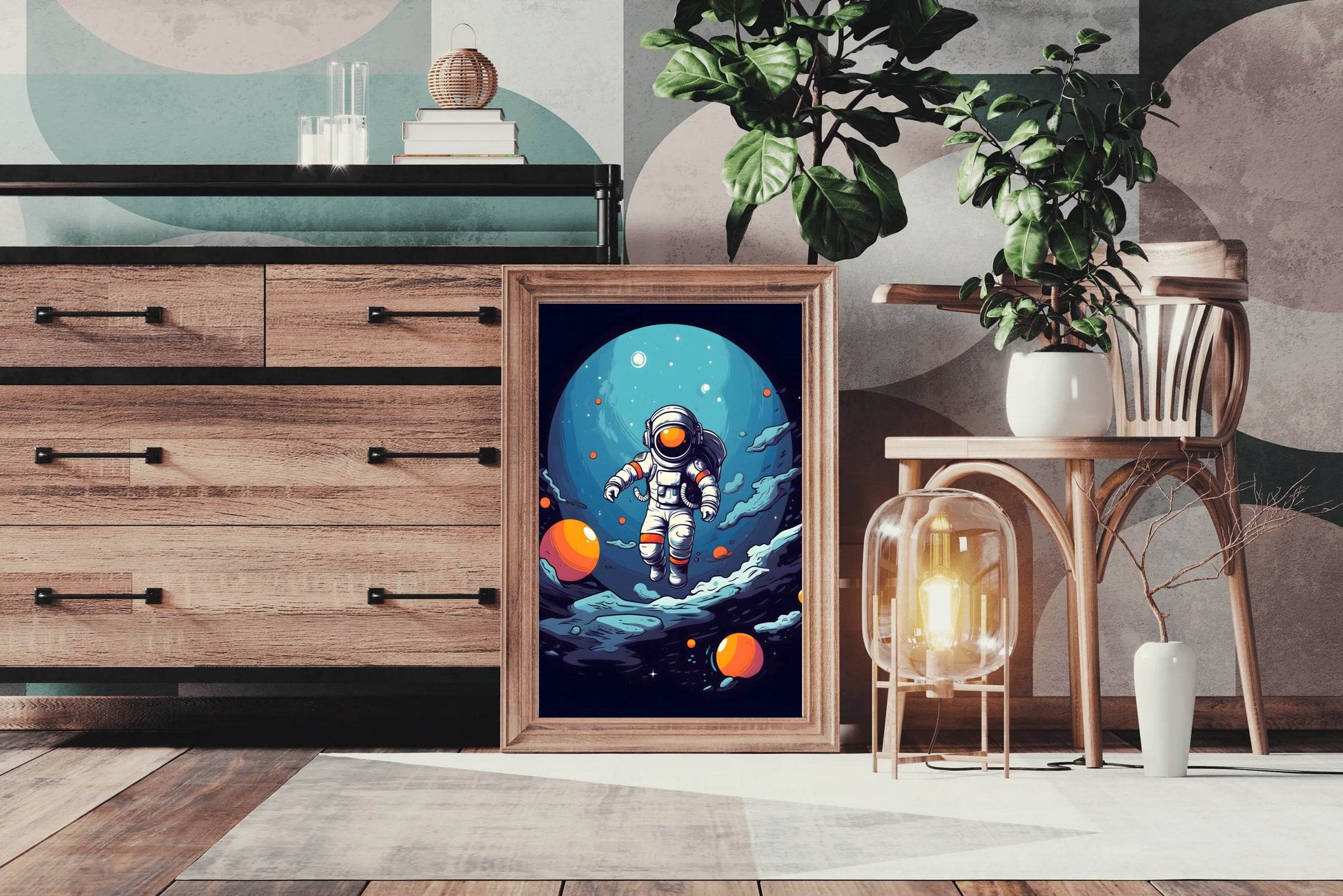 Cartoonish Illustration of Astronaut Flying in Space - beink online art store
