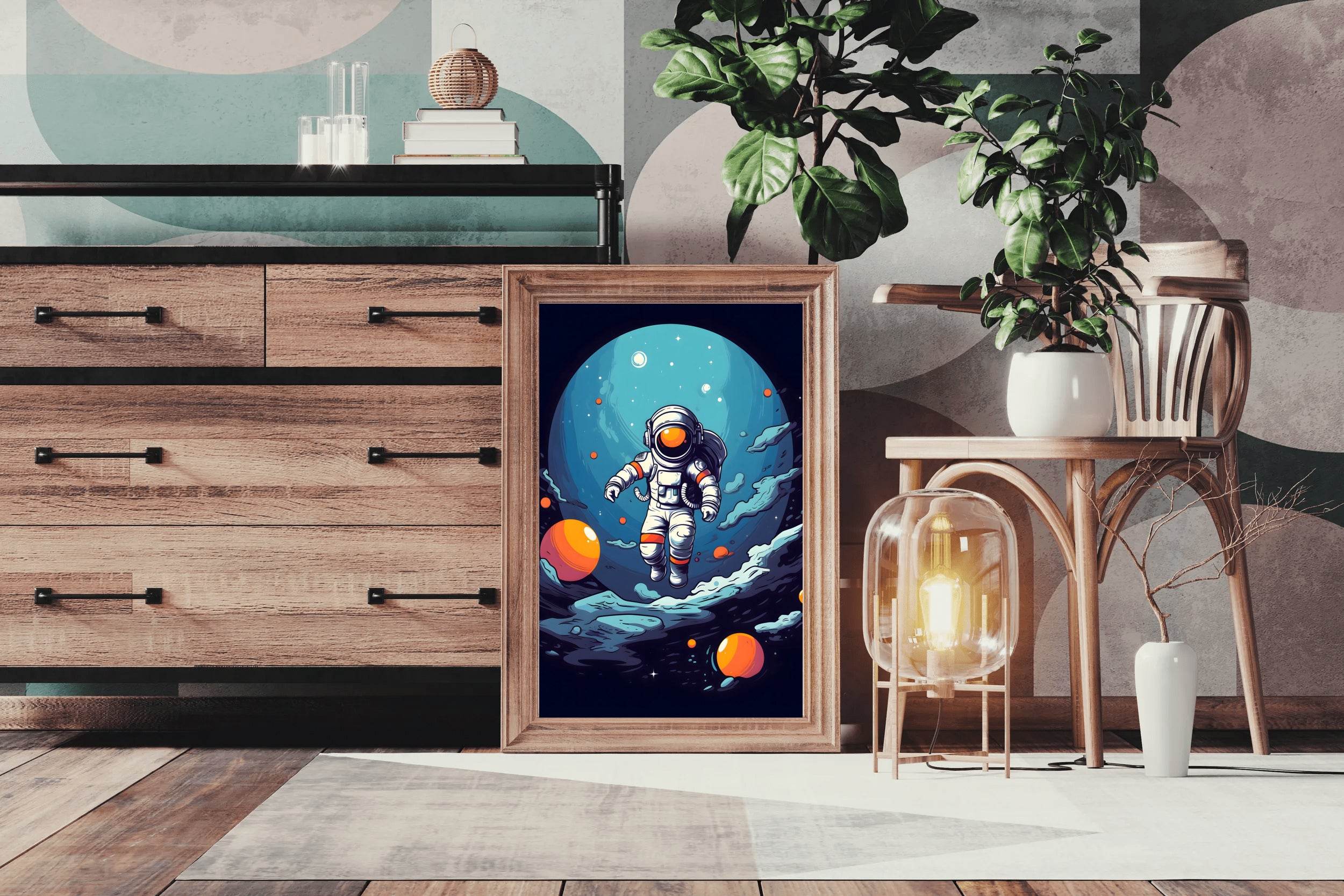 Cartoonish Illustration of Astronaut Flying in Space - beink online art store