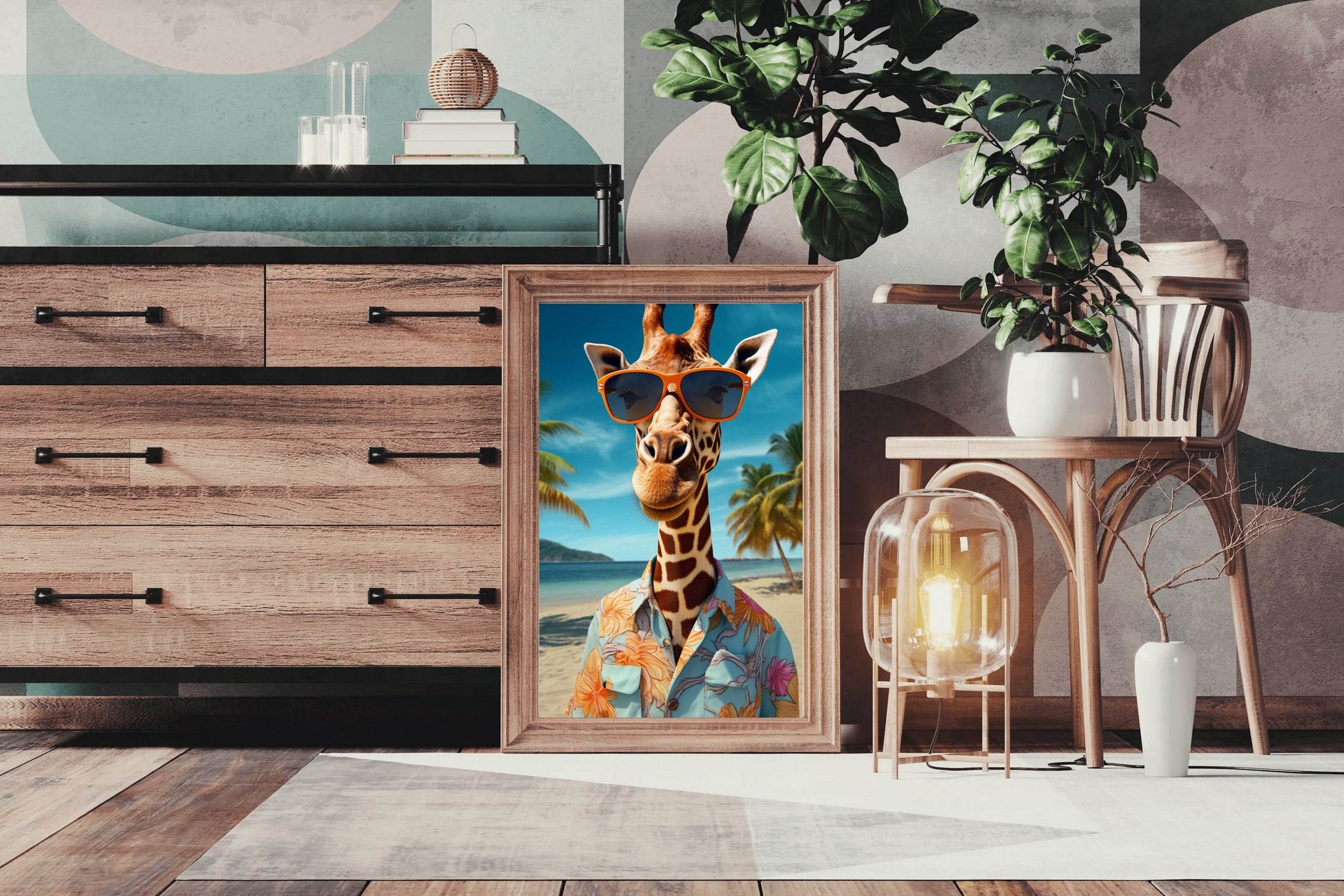 Painting of Funny Giraff Wearing Goggle and Cool Shirt - beink online art store