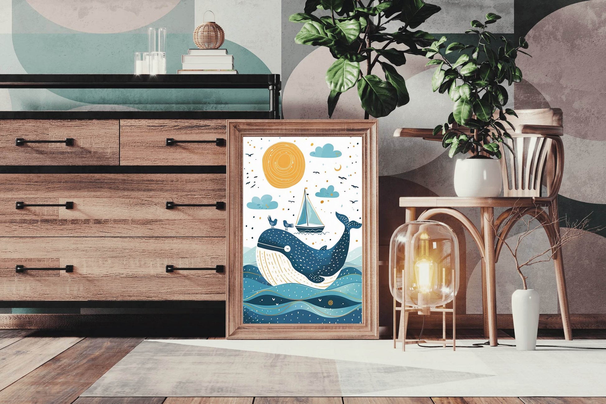Painting of Blue Whale and a Boat in the Oean - beink online art store