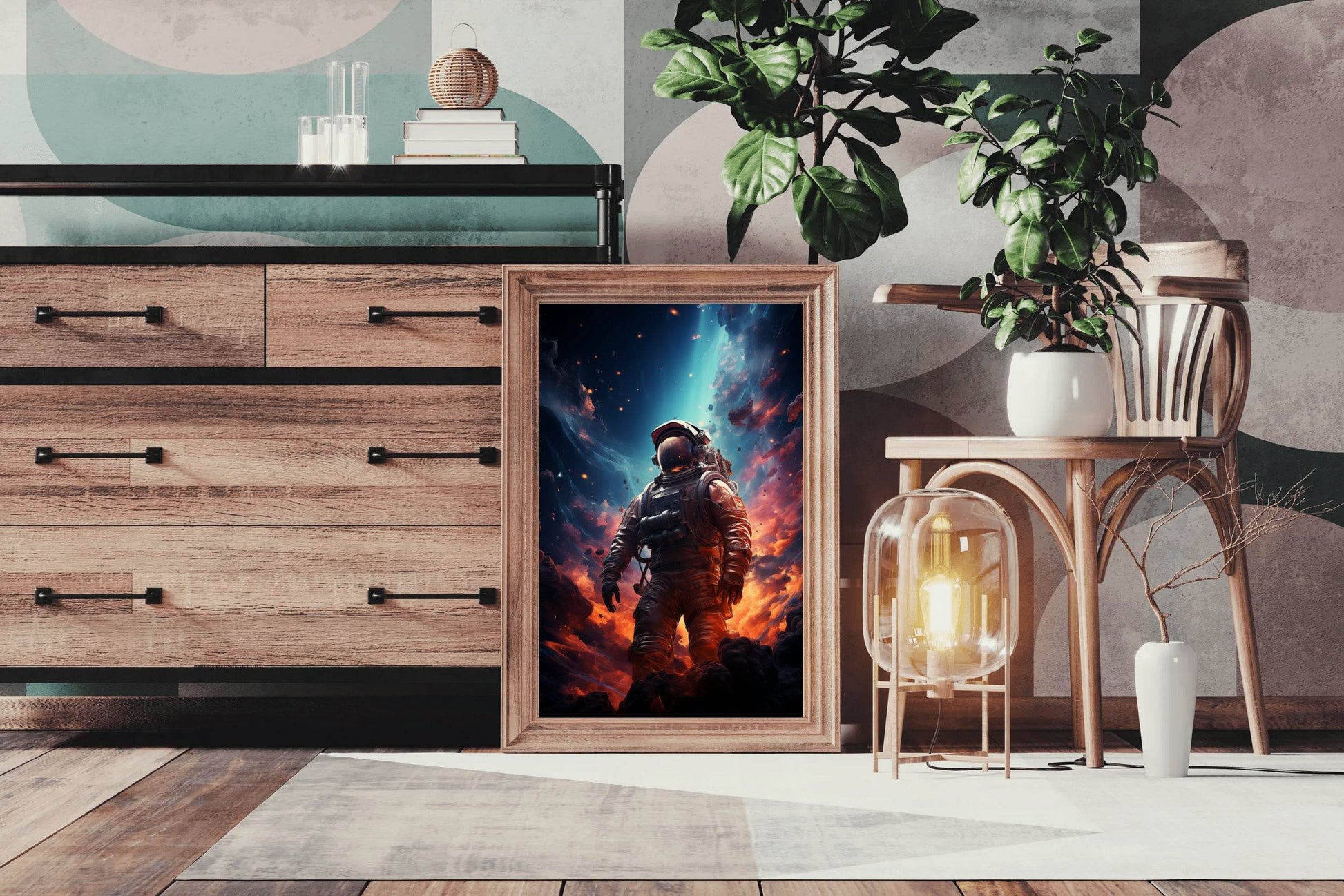 Astronaut in space background of burning planet - beink online art store
