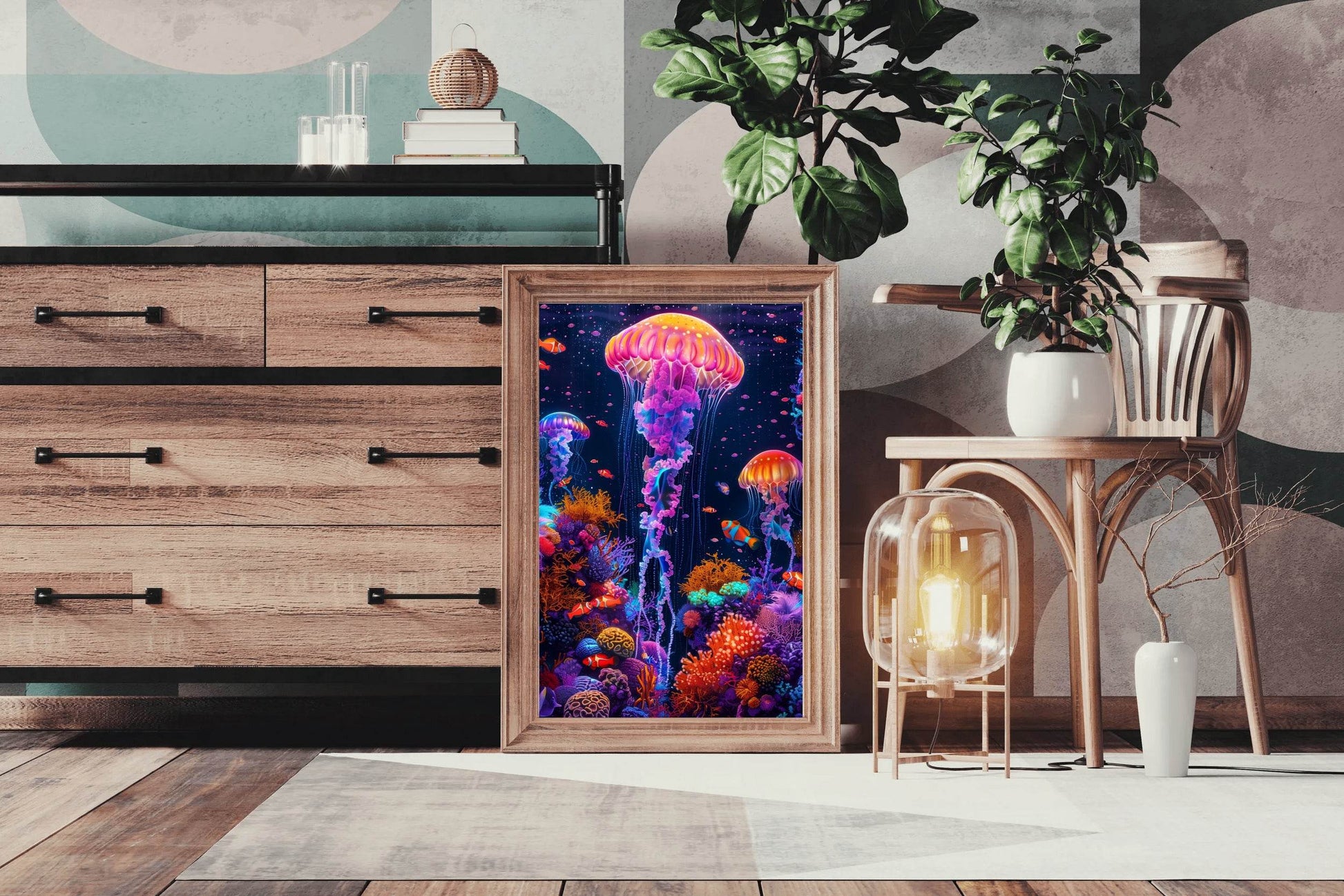 Neon Jellyfish Fantasy Underwater Wall Art - beink online art store