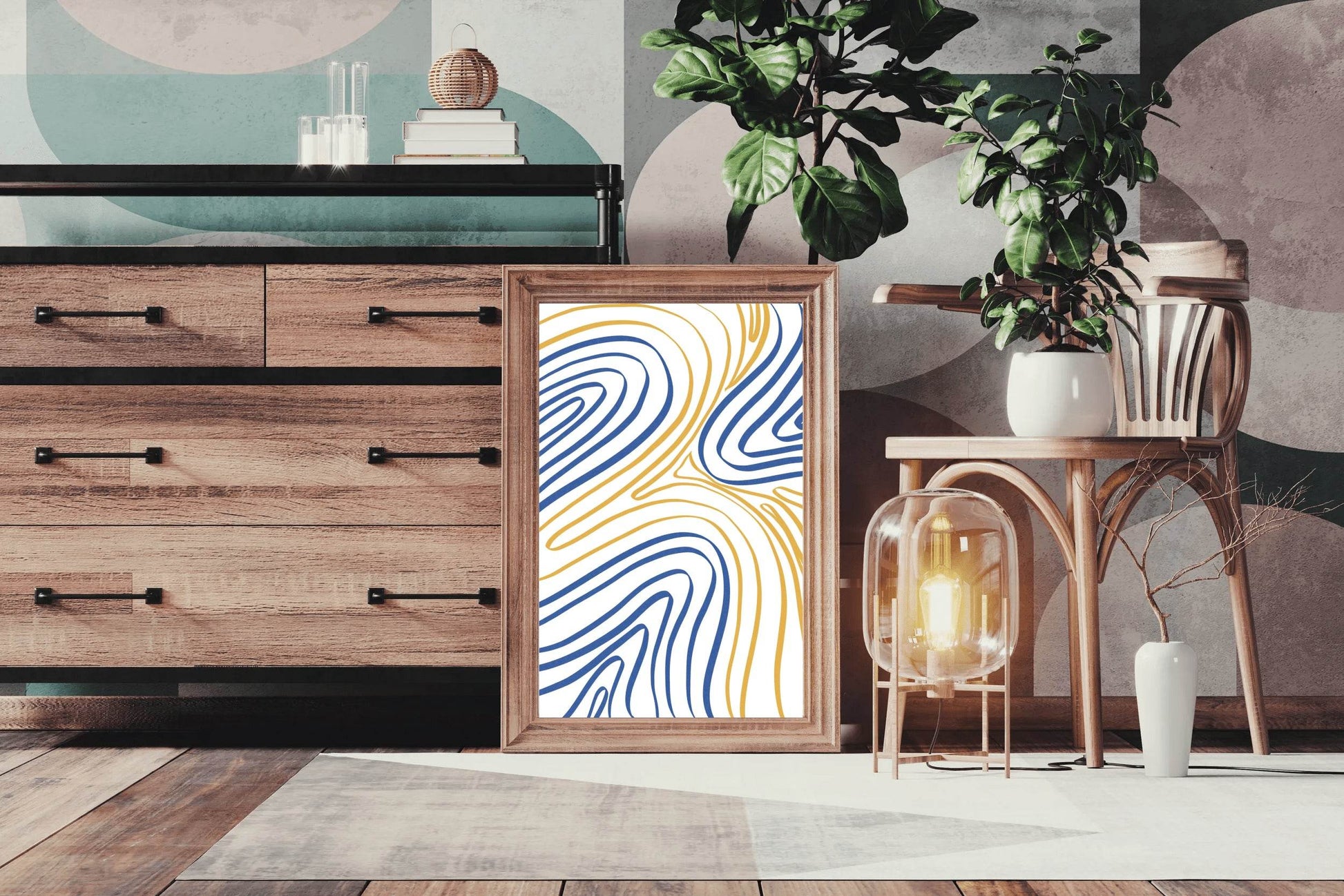 Blue And Yellow Wavy Lines Wall Art - beink online art store