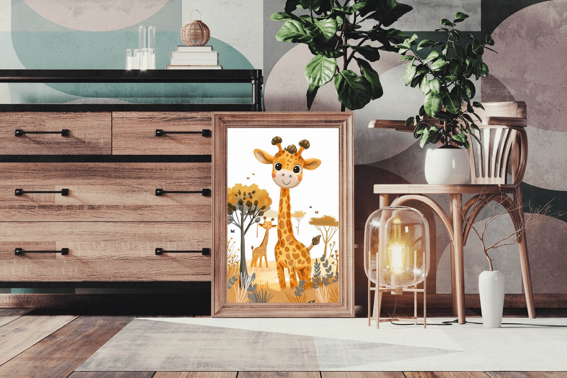 Cute Cartoon Giraffes in a Colorful Landscape With Trees - beink online art store