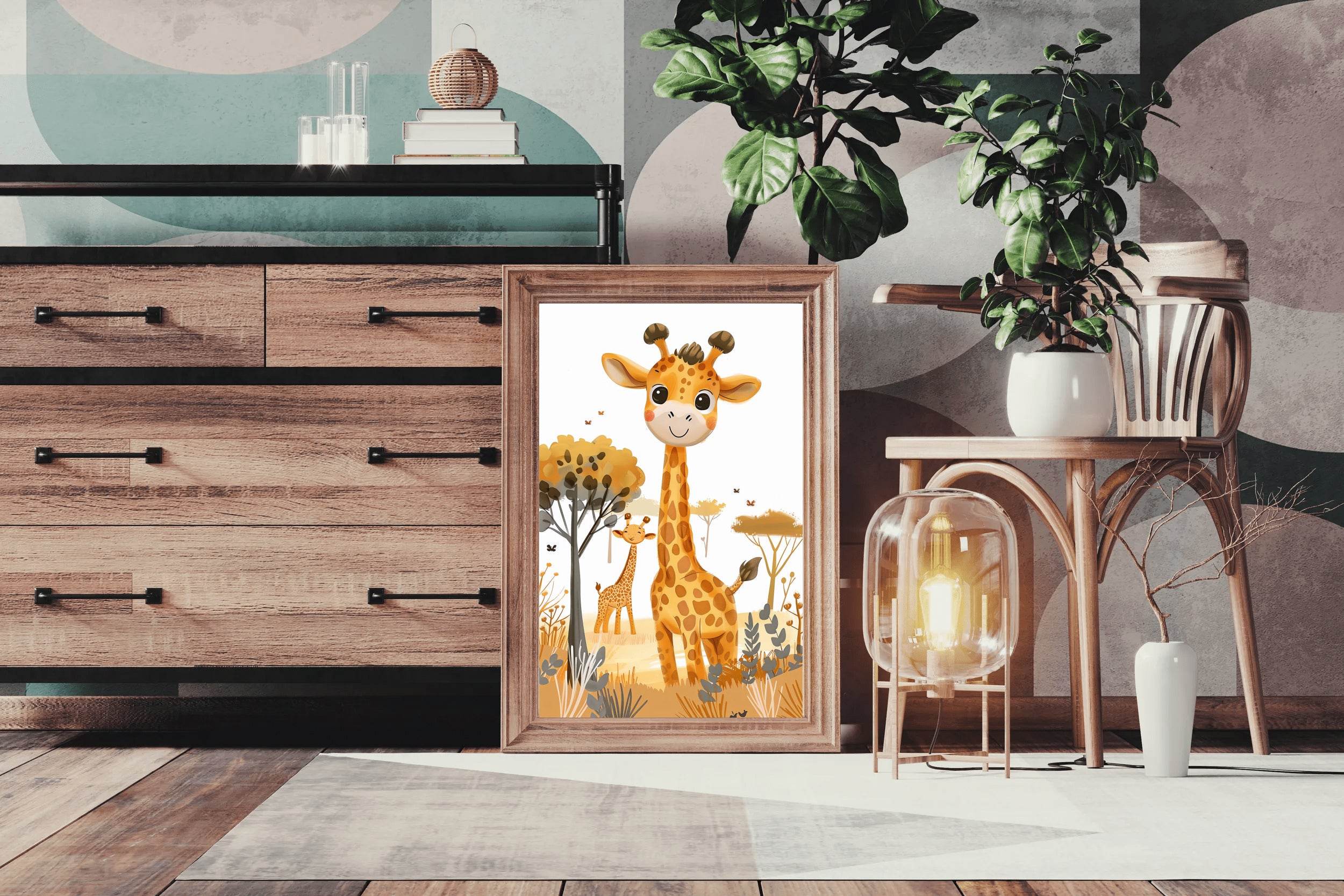 Cute Cartoon Giraffes in a Colorful Landscape With Trees - beink online art store