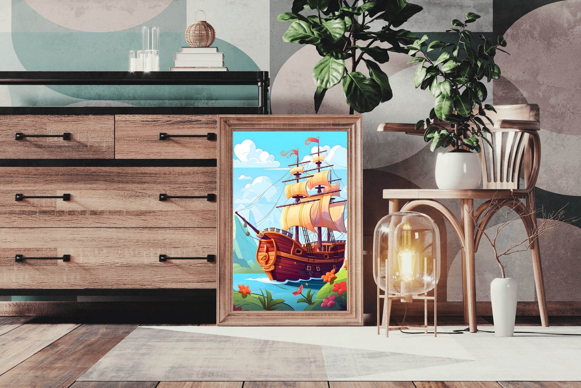 Drawing of Pirate Ship in the Sea - beink online art store