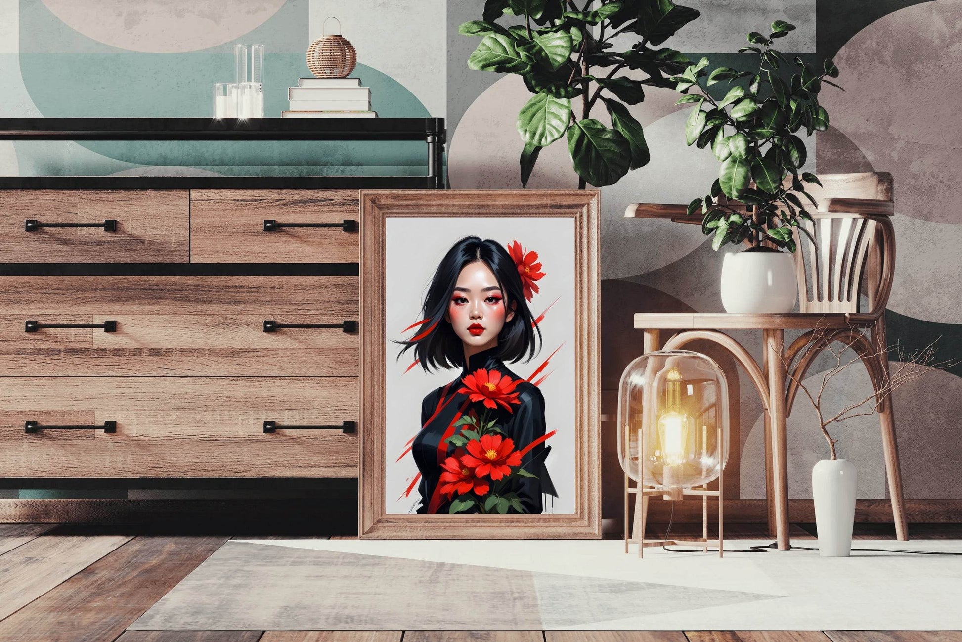 Asian Style lady with Red Flower Wall Art - beink online art store