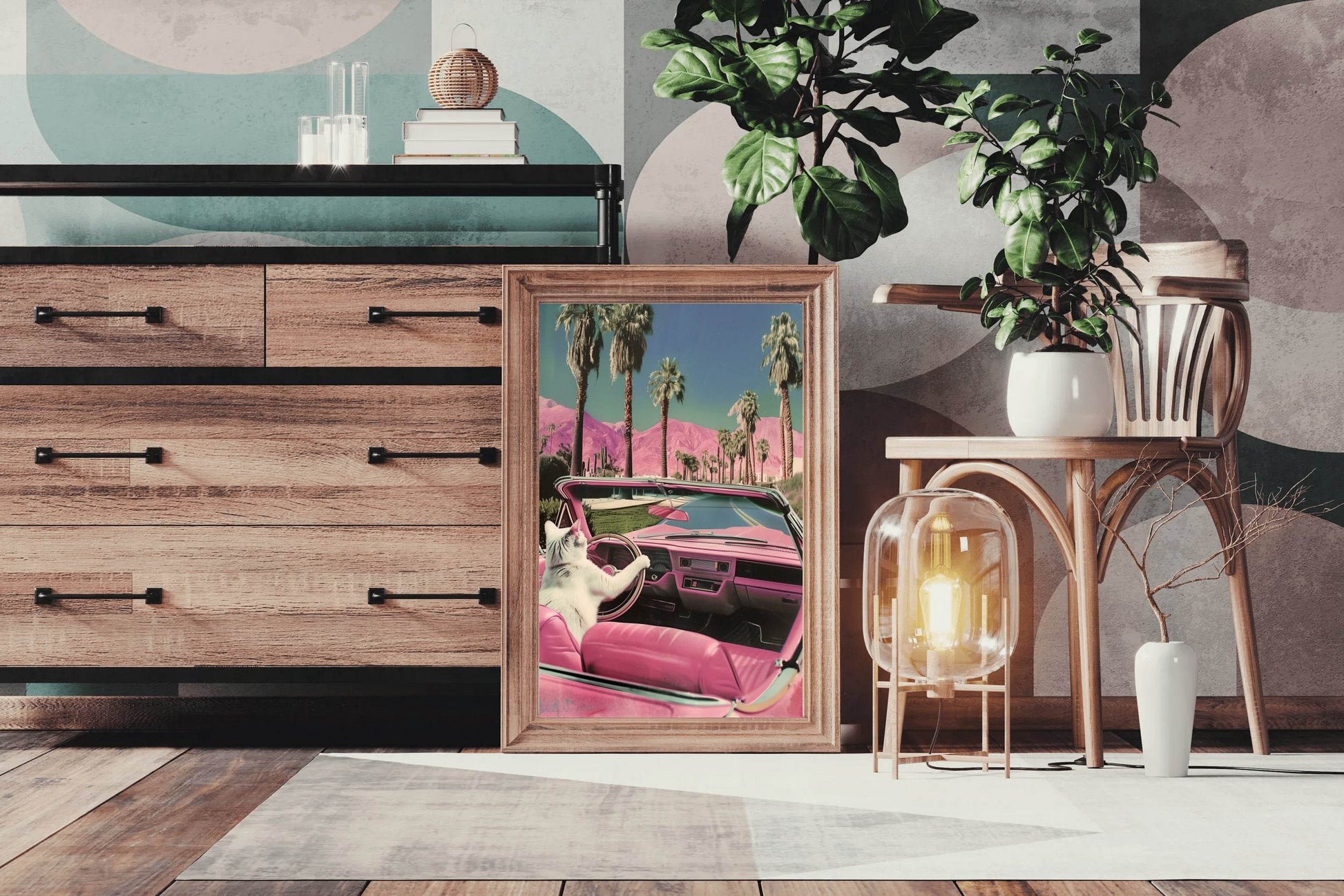 Cat Driving A Pink Car Wall Art - beink online art store