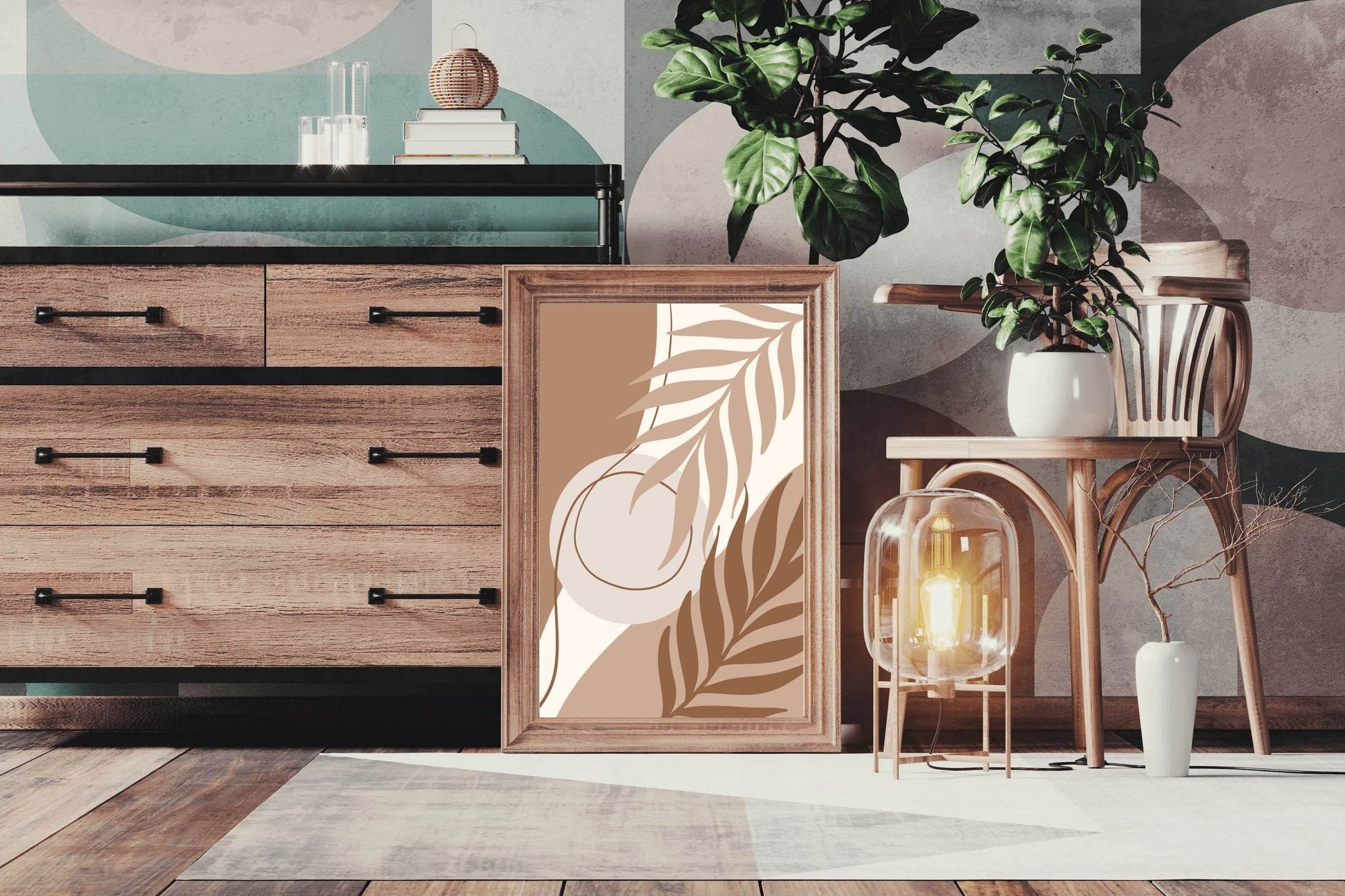 Abstract Design with a Brown Leaf and Shapes ArtWork - beink online art store