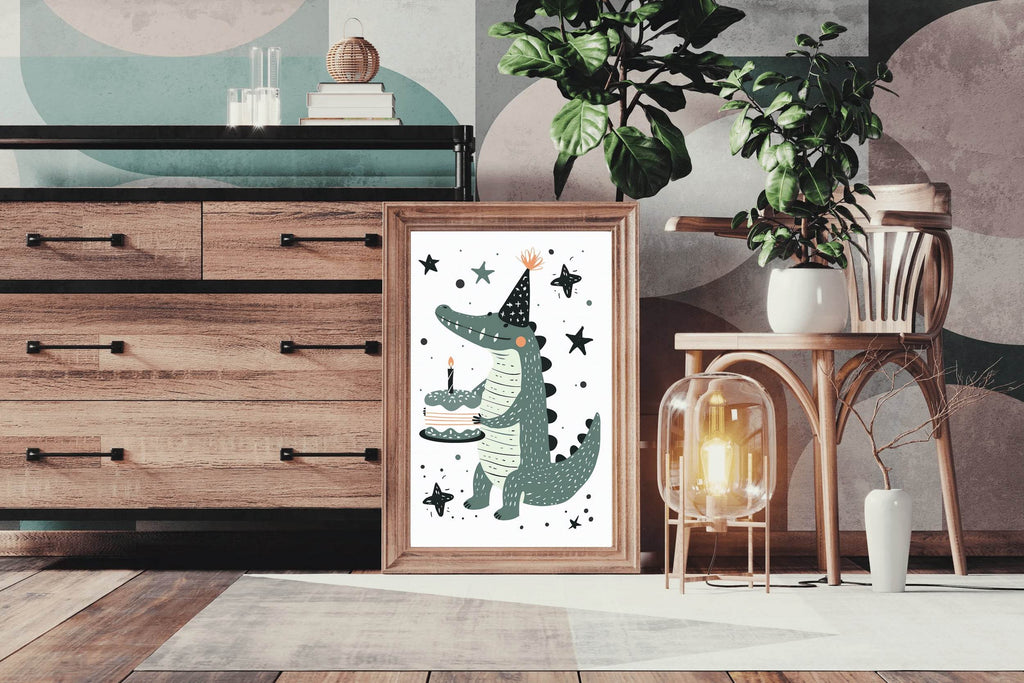 Cartoon Alligator Holding Cake Wall Art - beink online art store