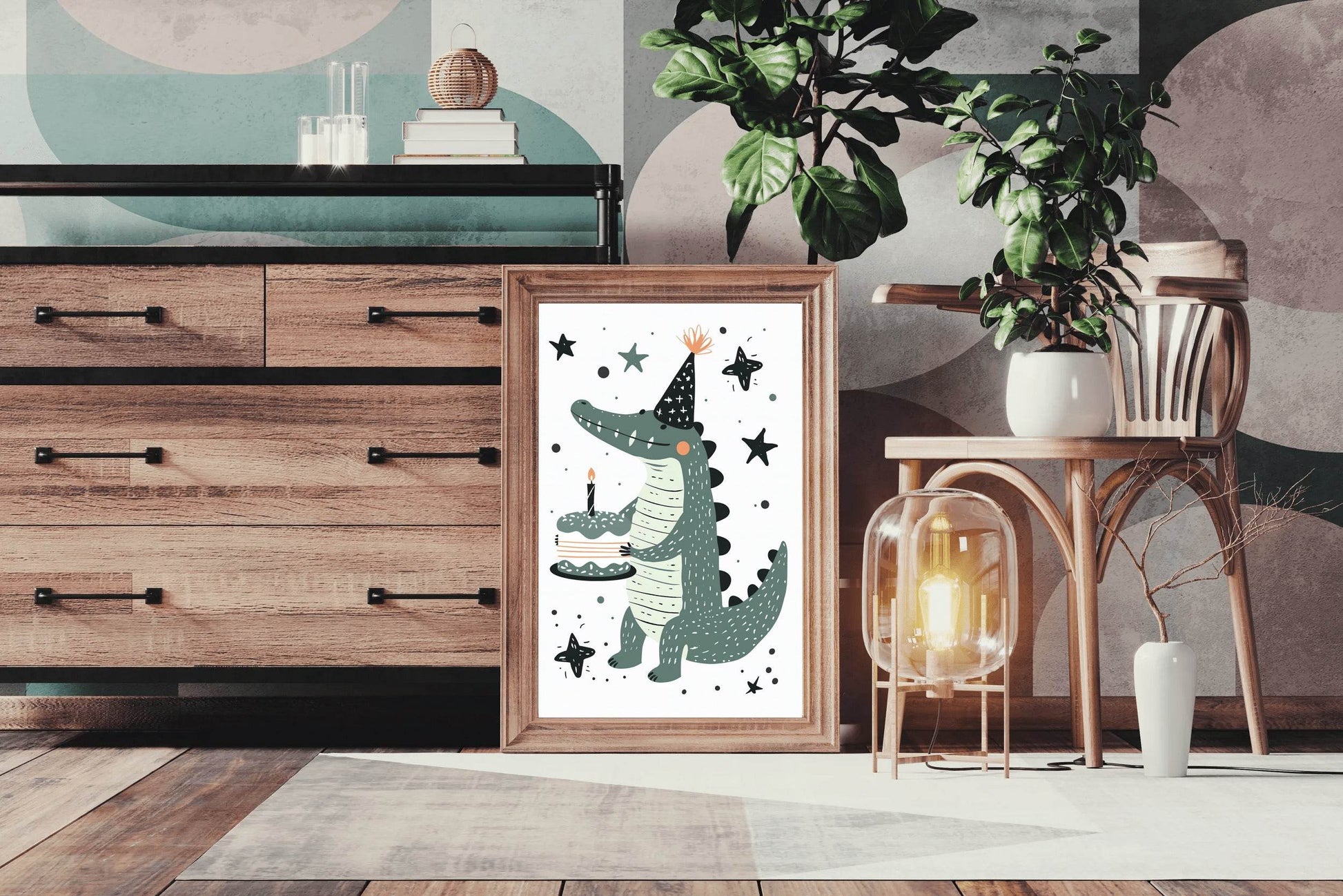 Cartoon Alligator Holding Cake Wall Art - beink online art store