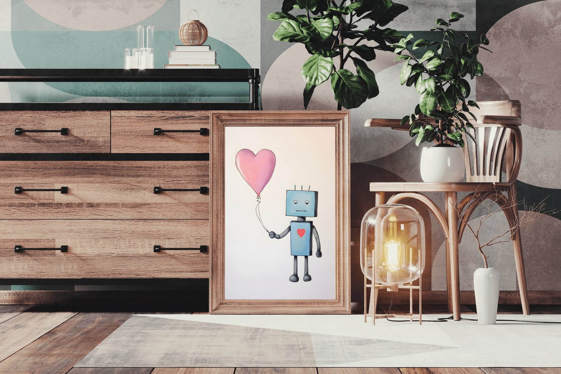 Drawing of Blue Robot Holding Pink Heart - beink online art store