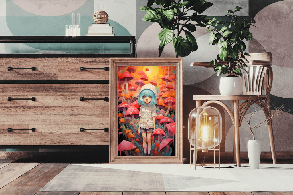 Painting of a Anime girl Standing in a Forest of Mushrooms - beink online art store