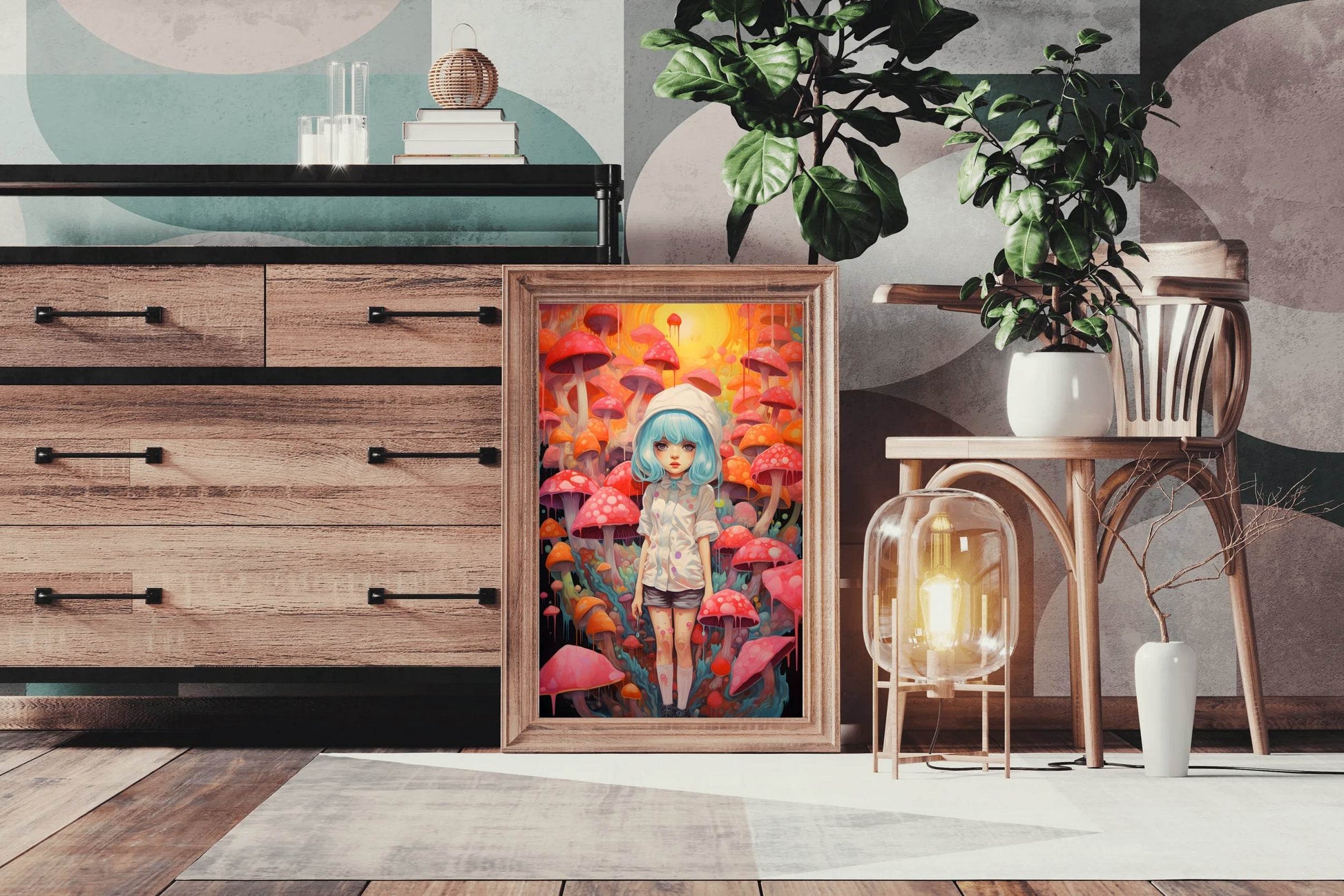 Painting of a Anime girl Standing in a Forest of Mushrooms - beink online art store