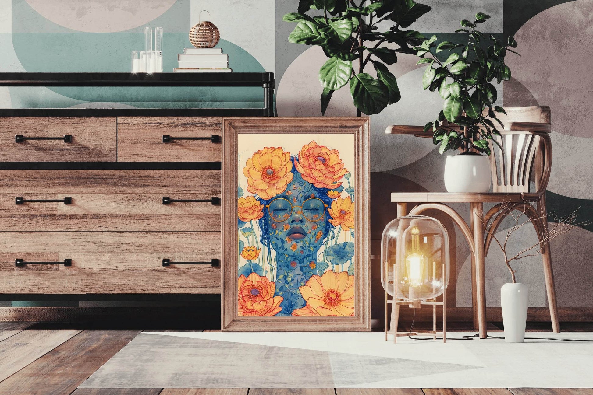 Floral Face of Lady with Orange Blossoms Wall Art - beink online art store