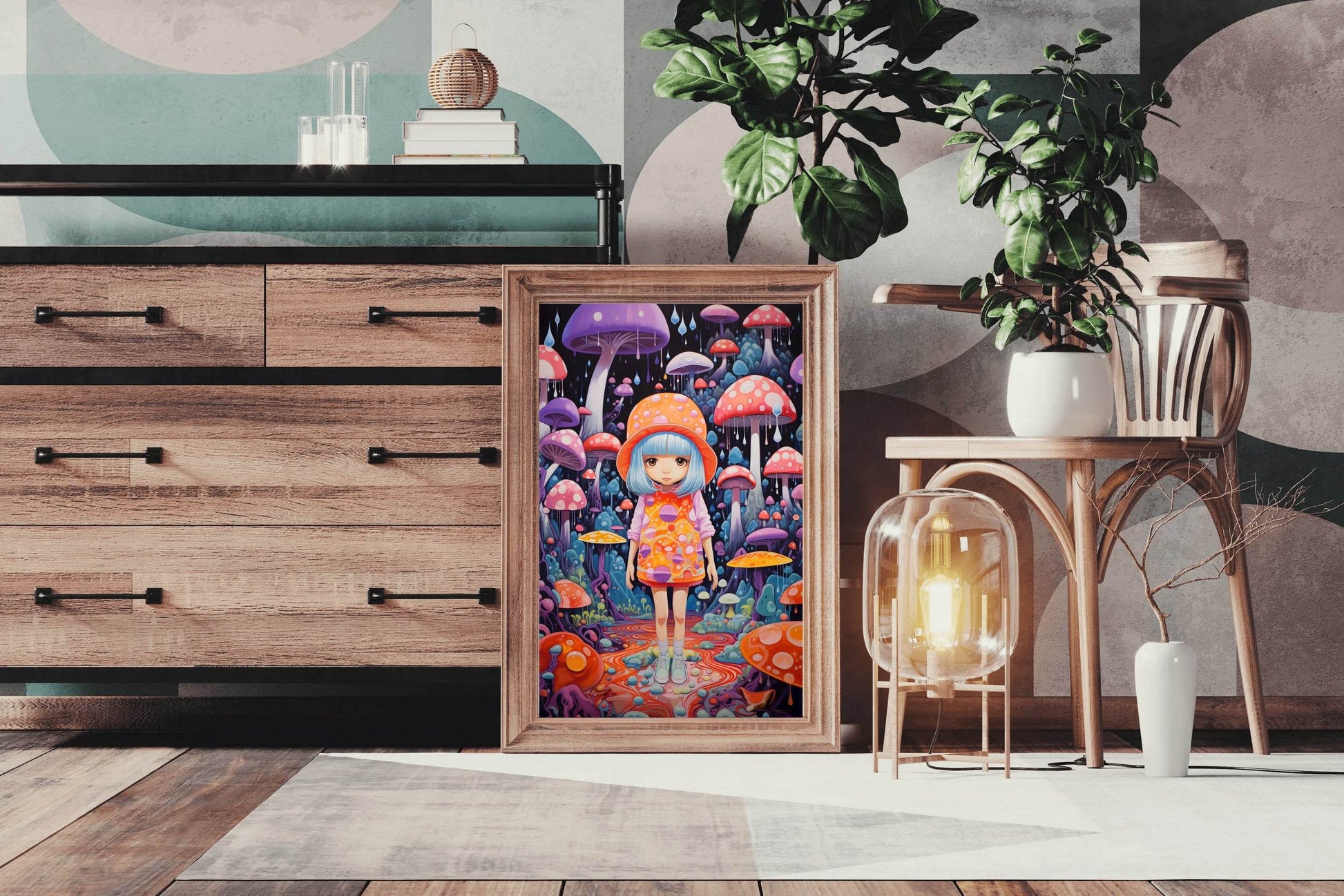 Colorful Retro girl with long hair and a hat Wall Art - beink online art store