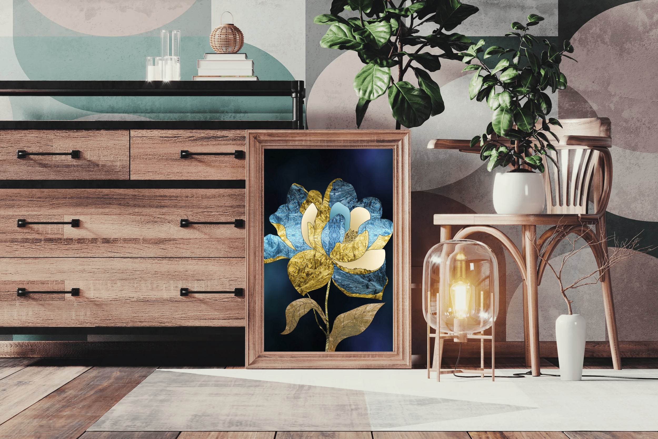 Golden and Blue Flower Modern Wall Art - beink online art store