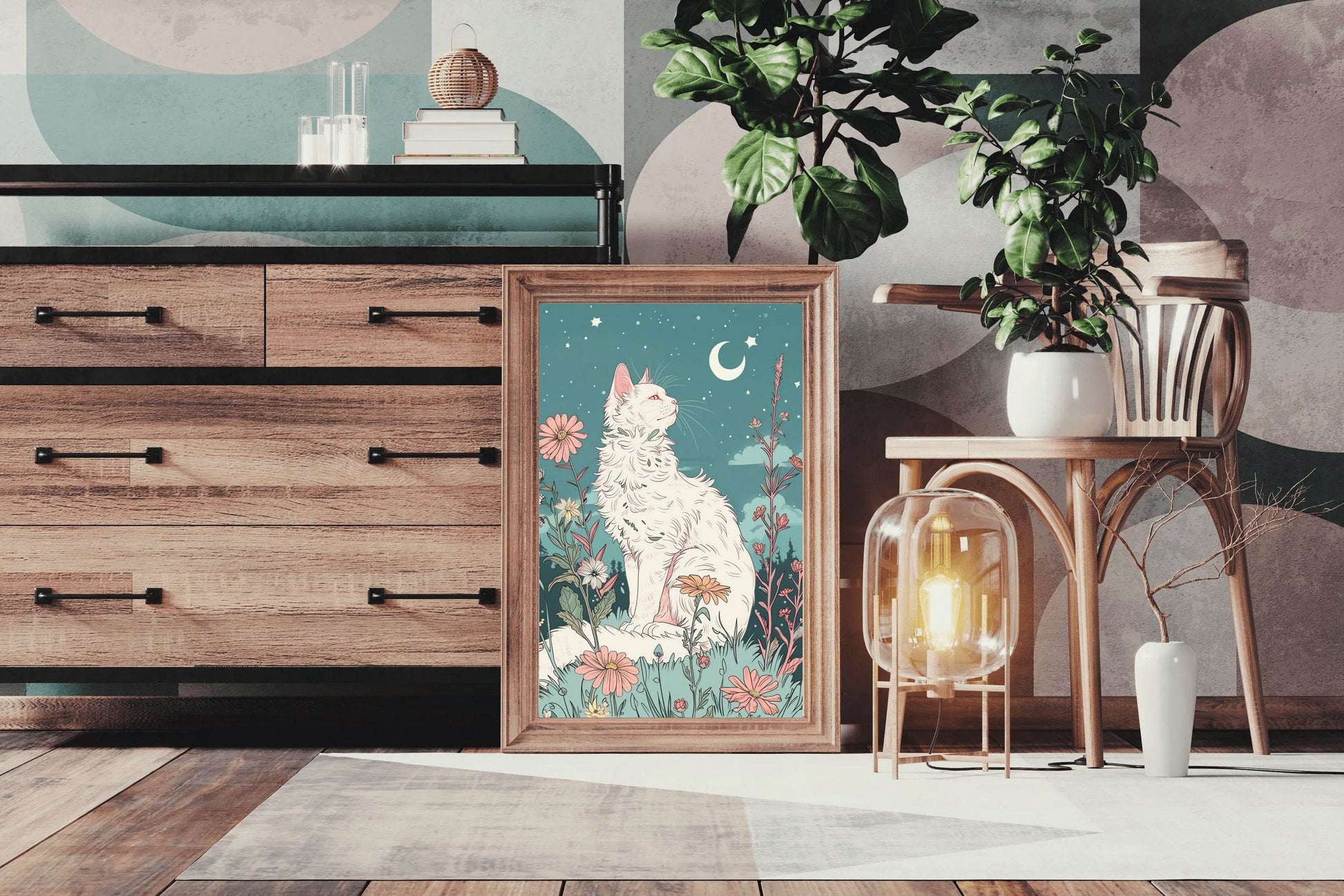 Painting of White Cat Watching the Moon - beink online art store