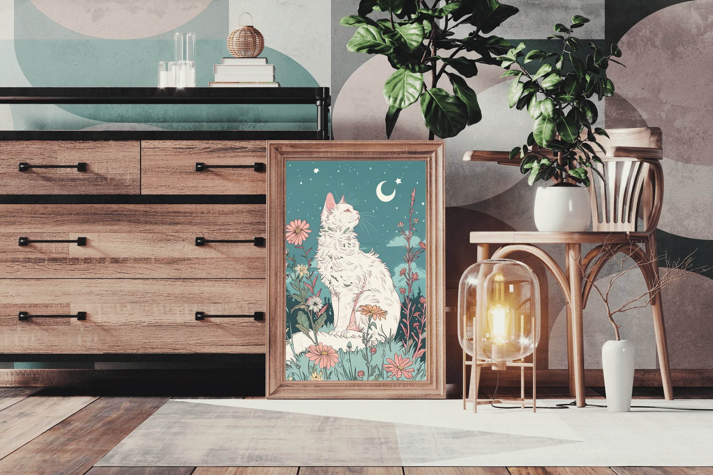 Painting of White Cat Watching the Moon - beink online art store