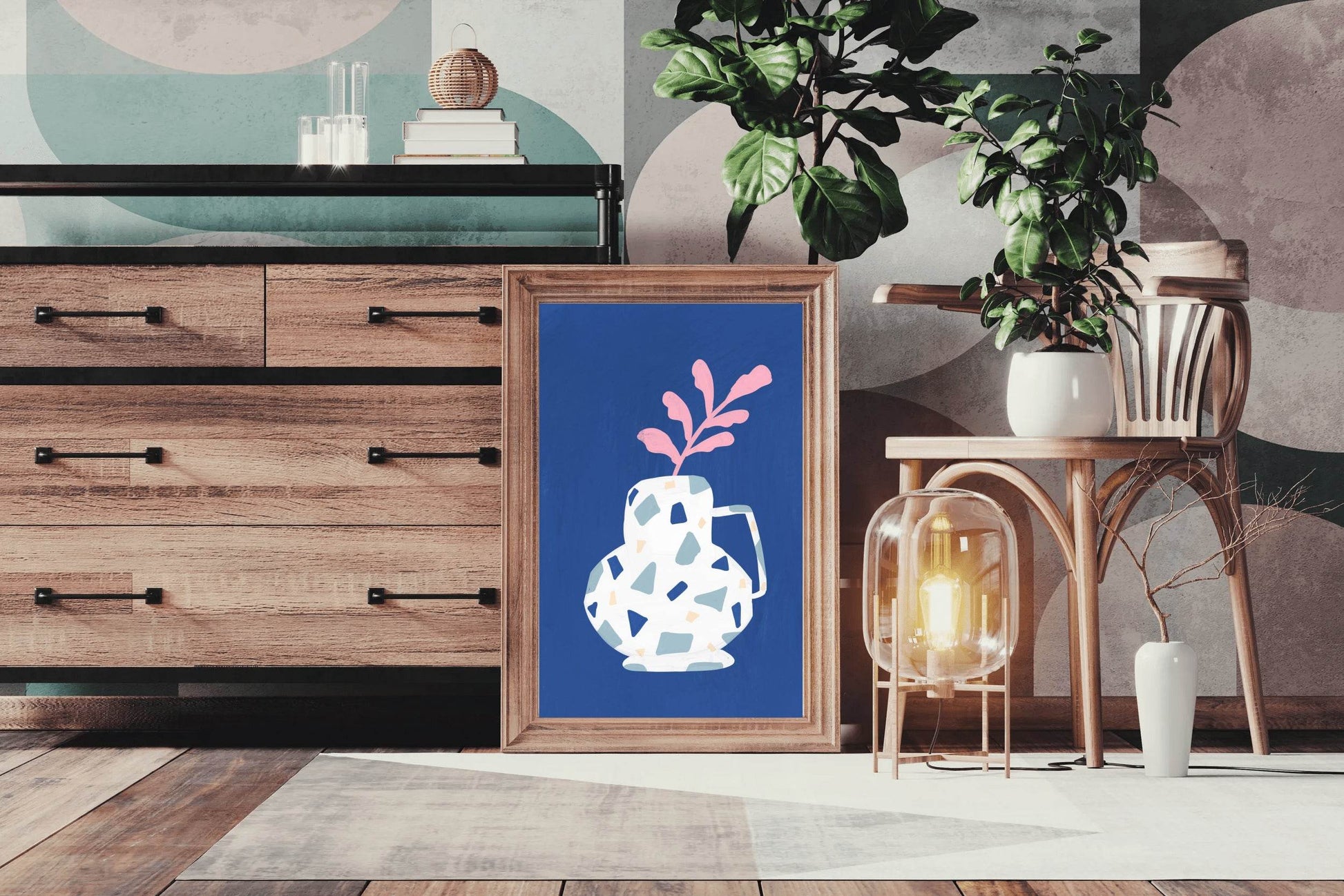Pink Leaf Branch in A Blue Vase Wall Art - beink online art store