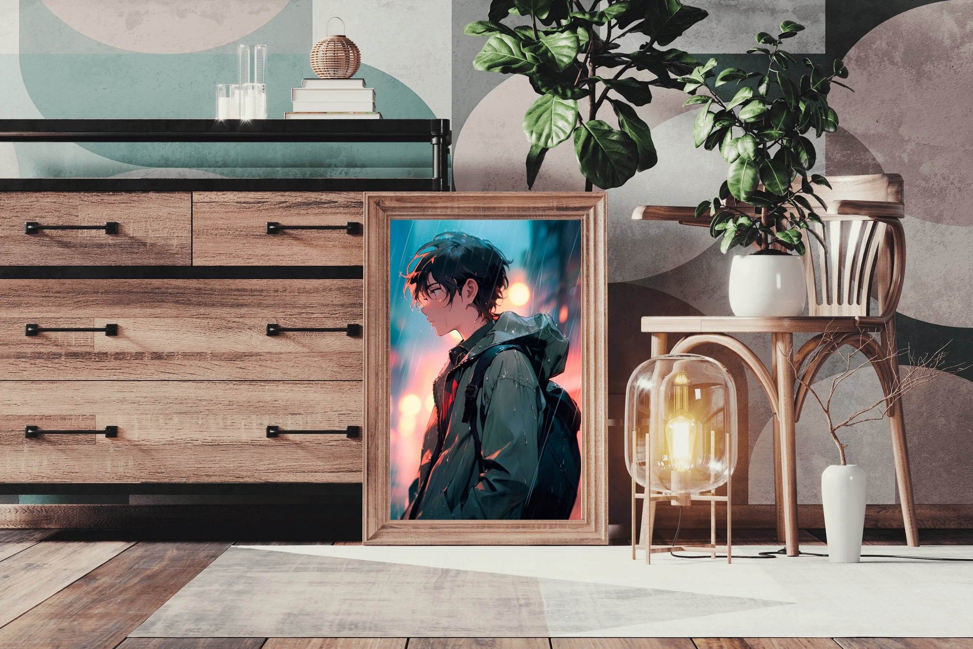 Anime Boy with backpack In street In The Rain Anime Wall Art - beink online art store