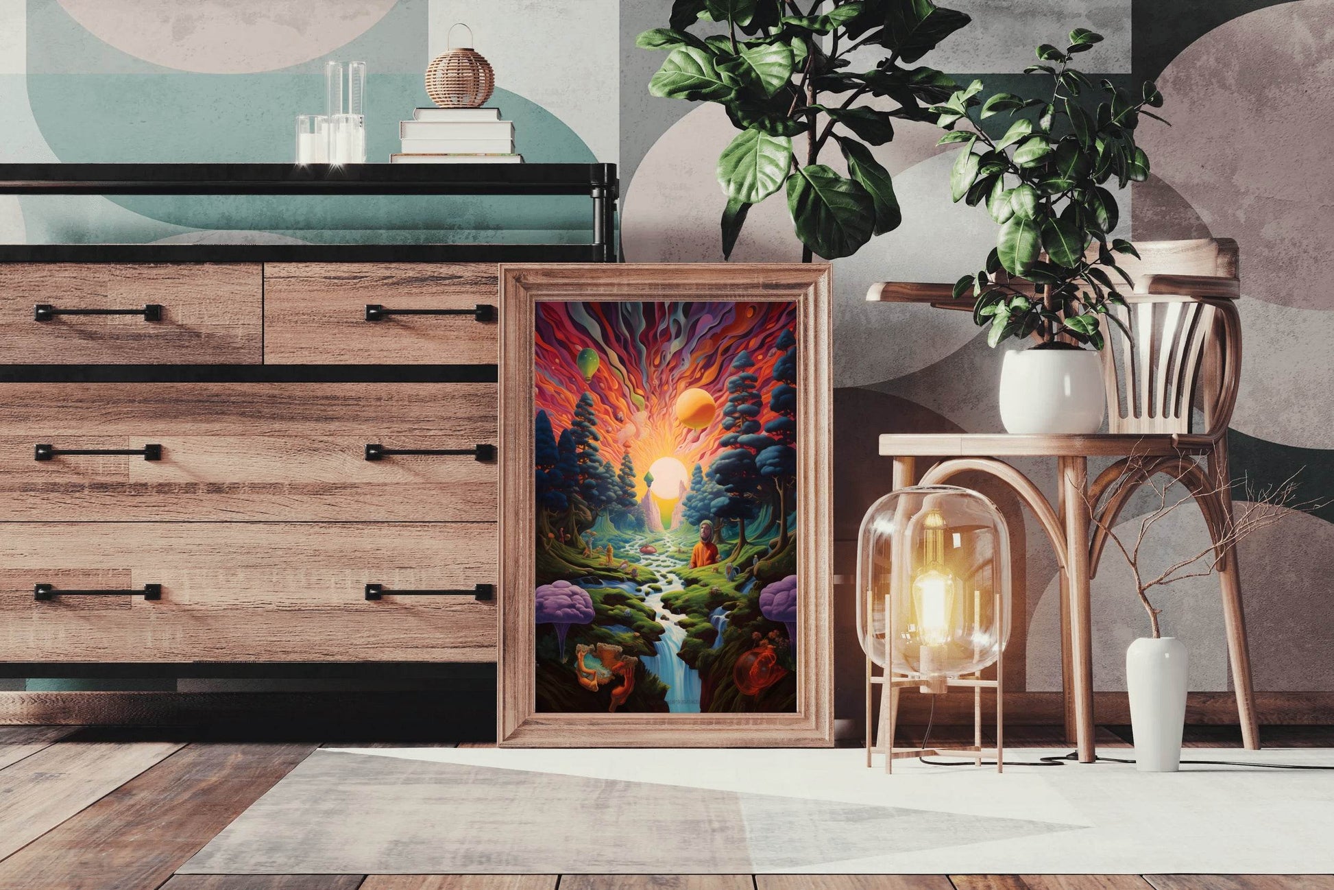 Painting of a Sunset Over a River With a Mountain Wall Art - beink online art store