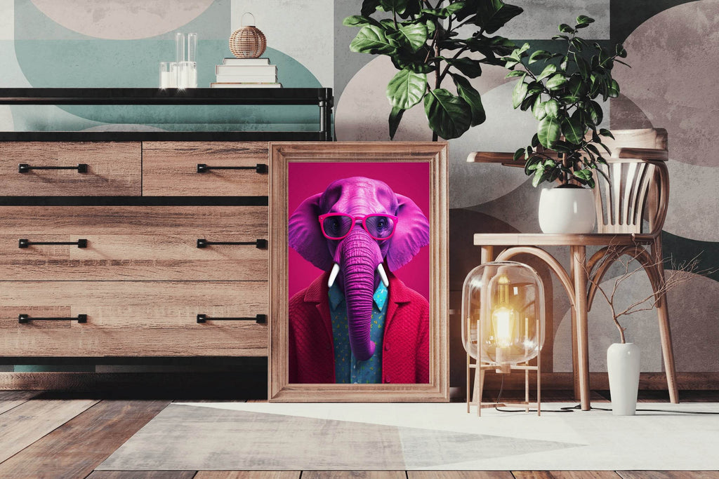 Pink Painted Elephant With Glasses Animal Wall Art - beink online art store