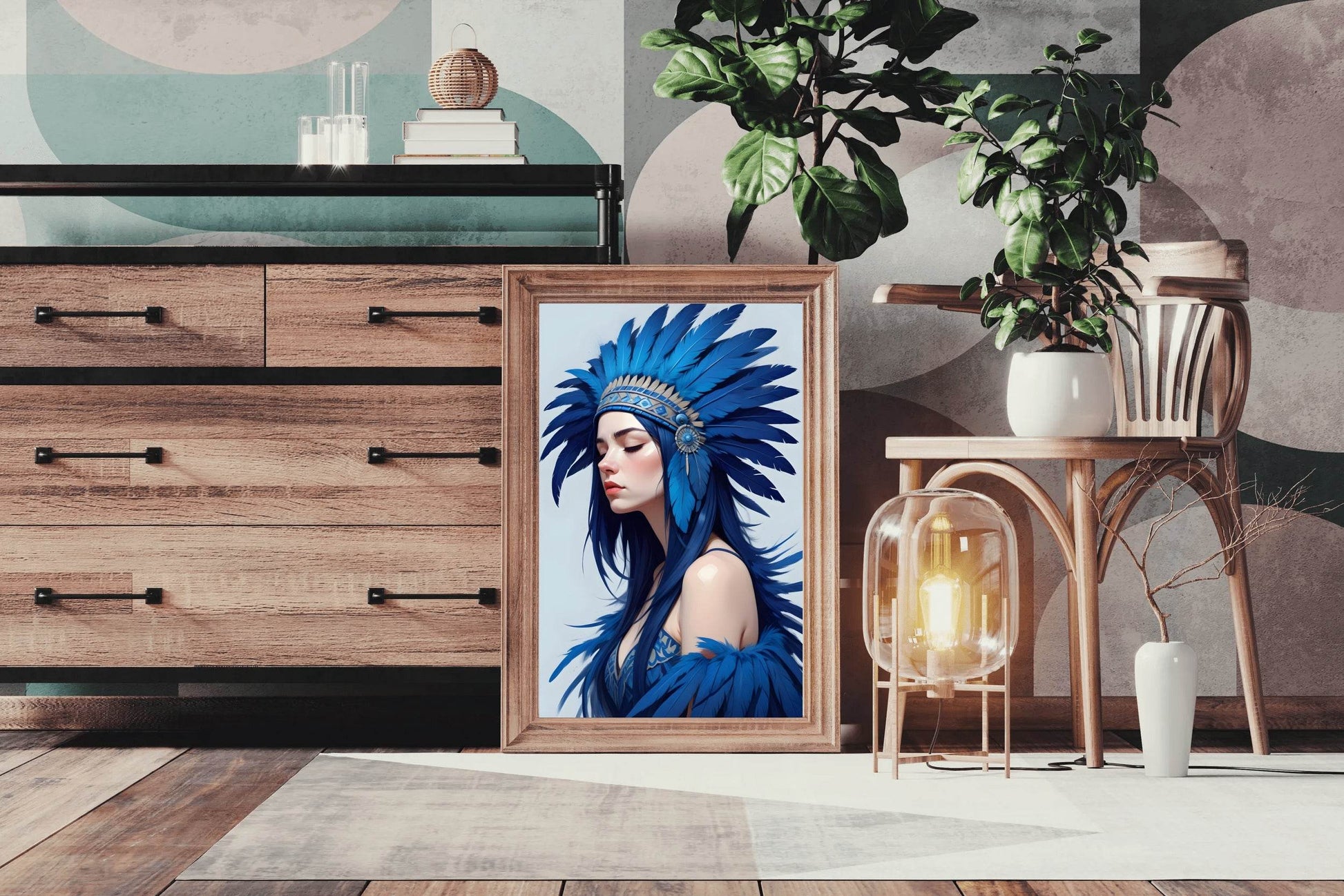 Lady with Blue Feather Wall Art - beink online art store