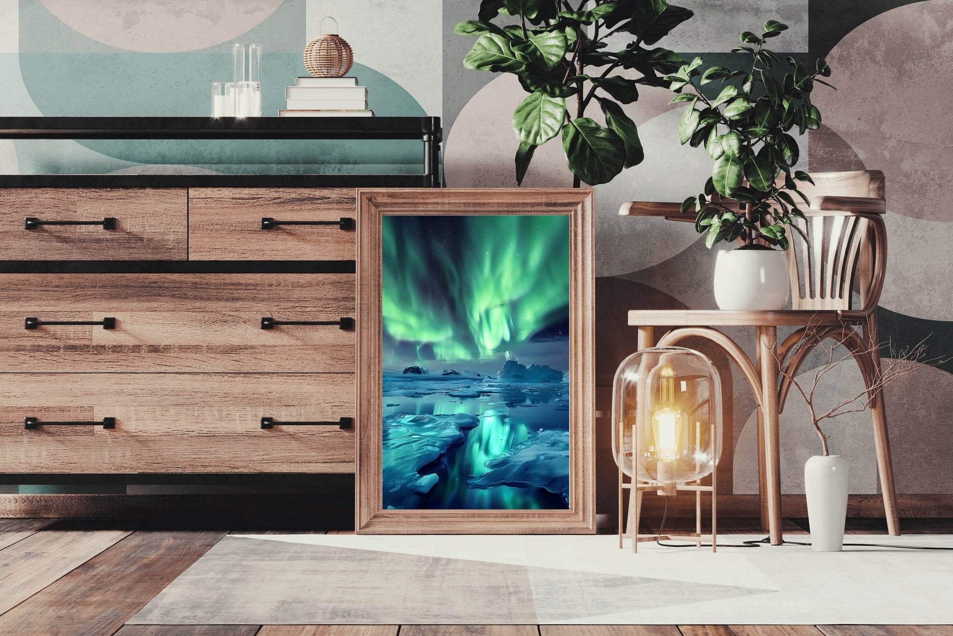 Green Northern lights in The Sky Over Iceberg Wall Art - beink online art store