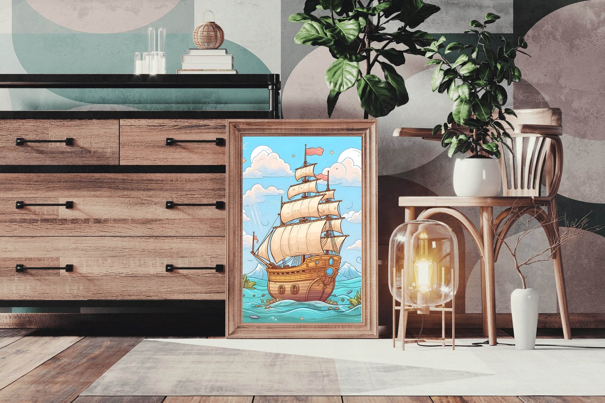 Drawing of Pirates Ship in Sea Storm - beink online art store