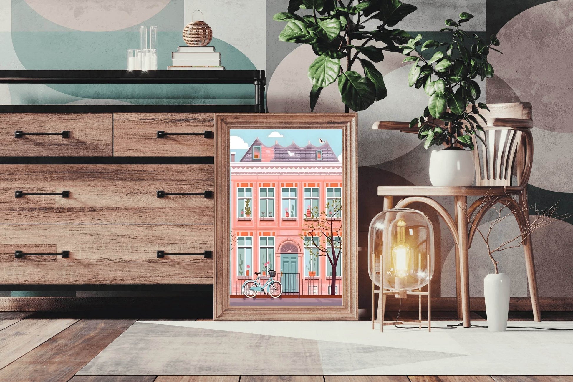 Illustration of Pink House and a Bicycle - beink online art store