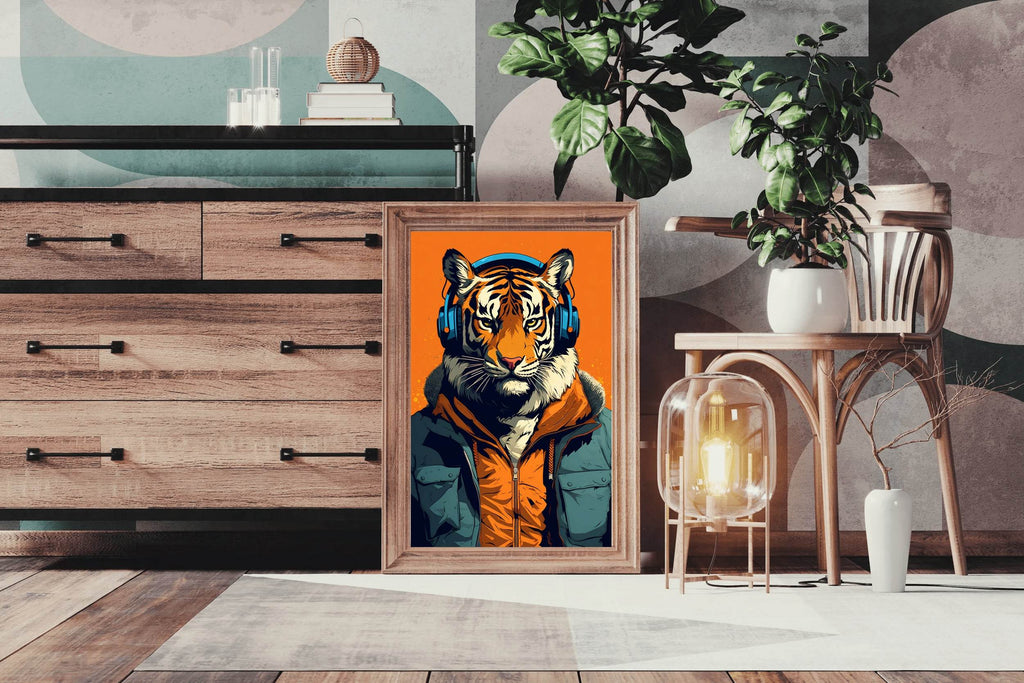 Painting of a Tiger Wearing Headphones and a Jacket. - beink online art store
