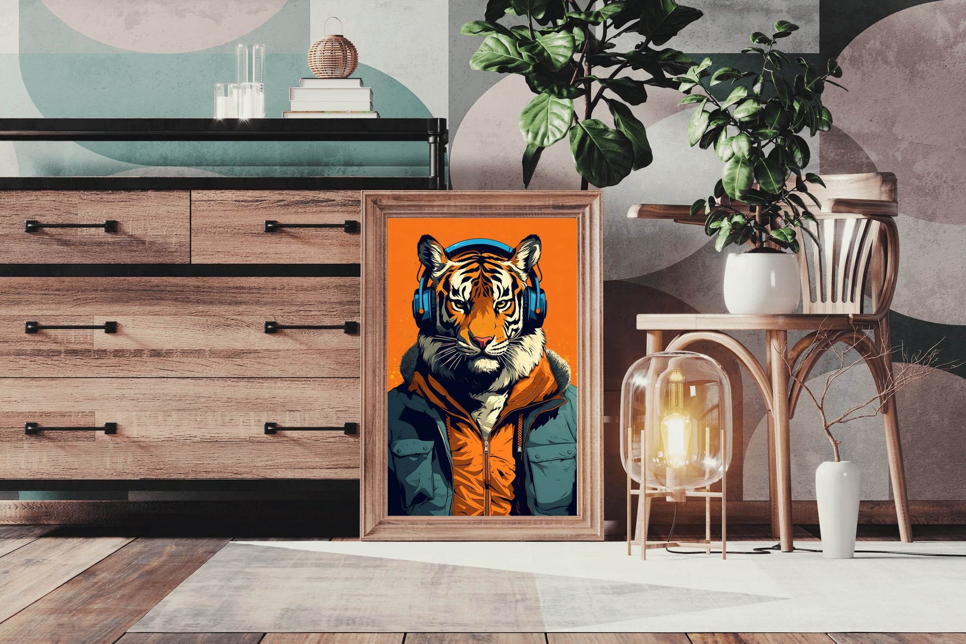 Painting of a Tiger Wearing Headphones and a Jacket. - beink online art store