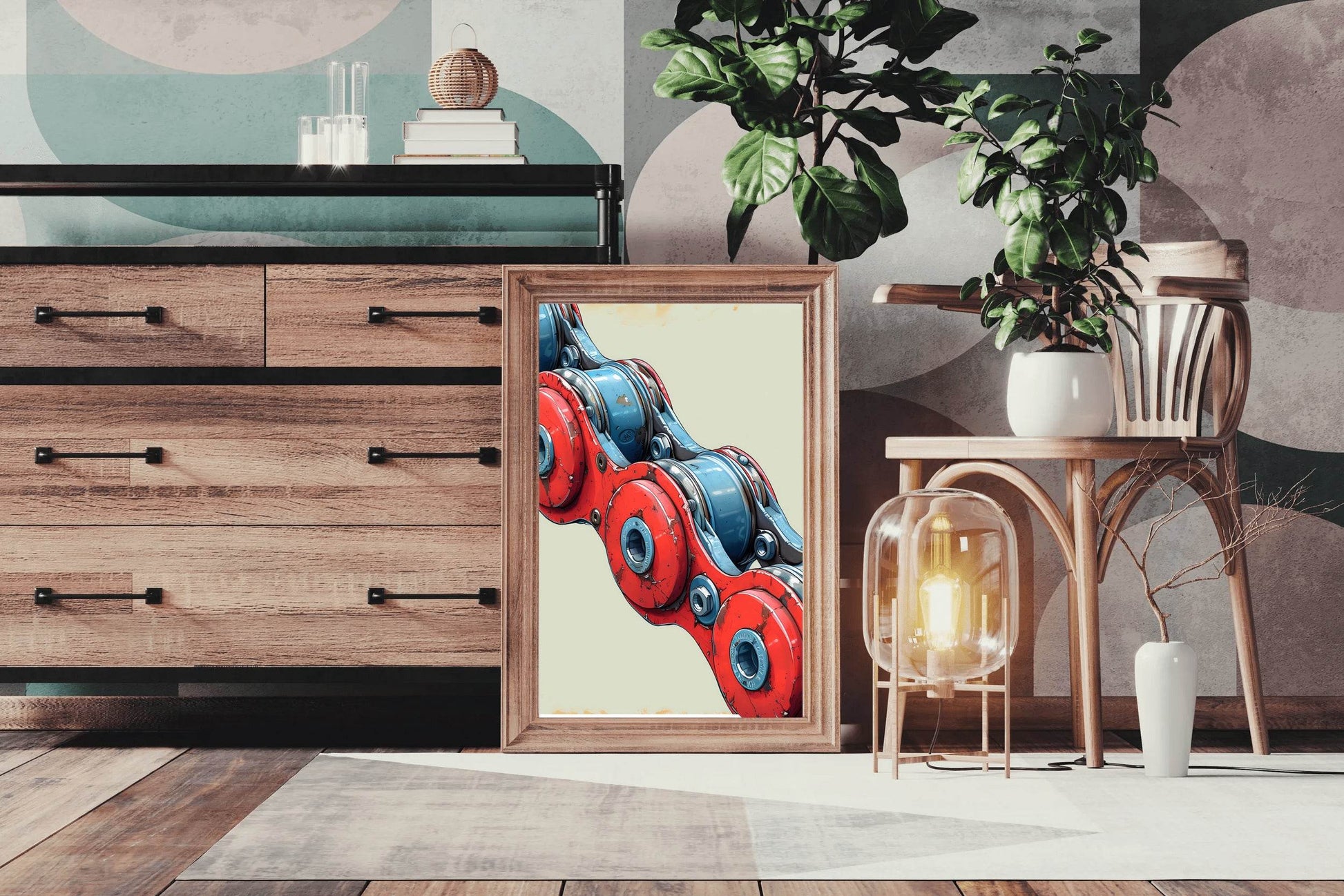 Painting of Red and Blue Bicycle Chain Artwork - beink online art store