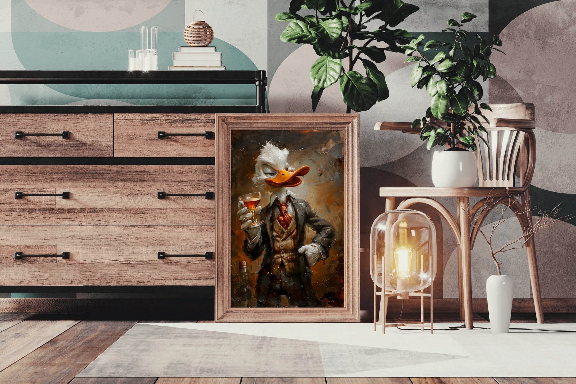 Shady Scrooge Donald Duck Holding Glass Wall Art - beink online art store