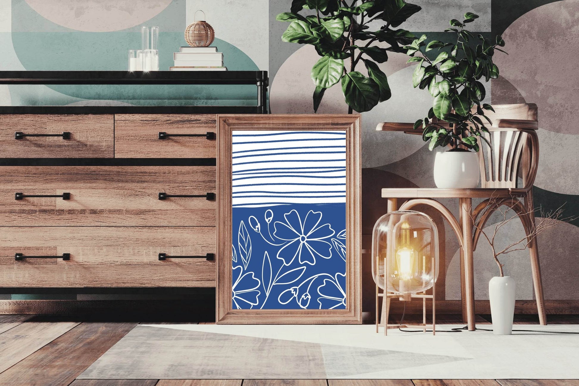 Blue and White Striped Paper With Flowers Wall Art - beink online art store