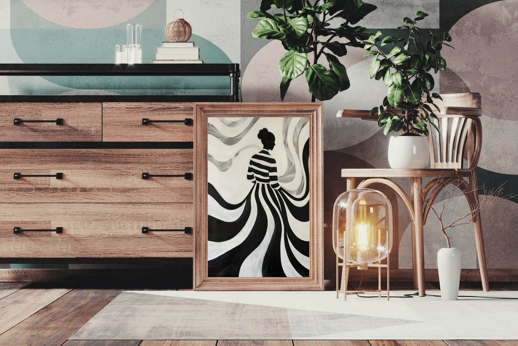 Swirling Silhouette-Black and White stripes Modern Art - beink online art store