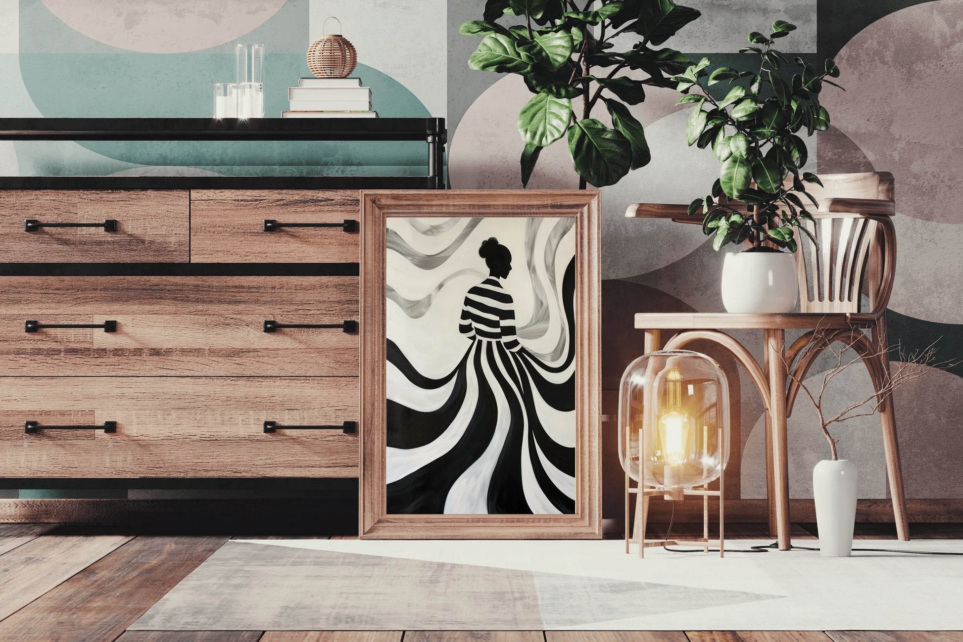 Swirling Silhouette-Black and White stripes Modern Art - beink online art store