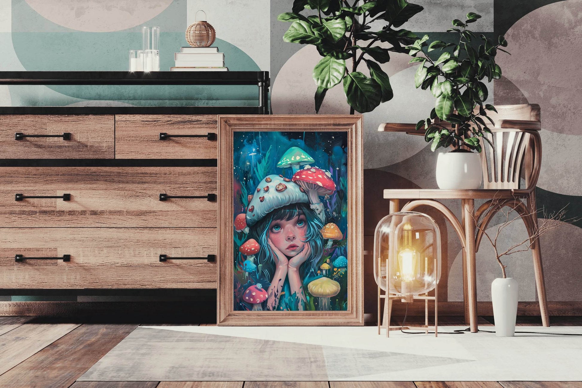Anime Girl Colorful Style With Mushroom Wall Art - beink online art store