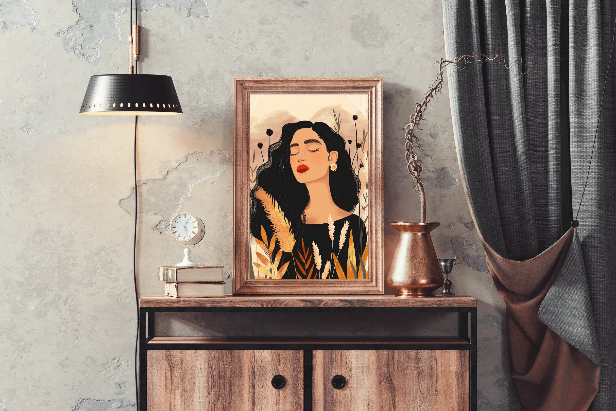 Woman with Curly Hair on Simple Background ArtWork - beink online art store