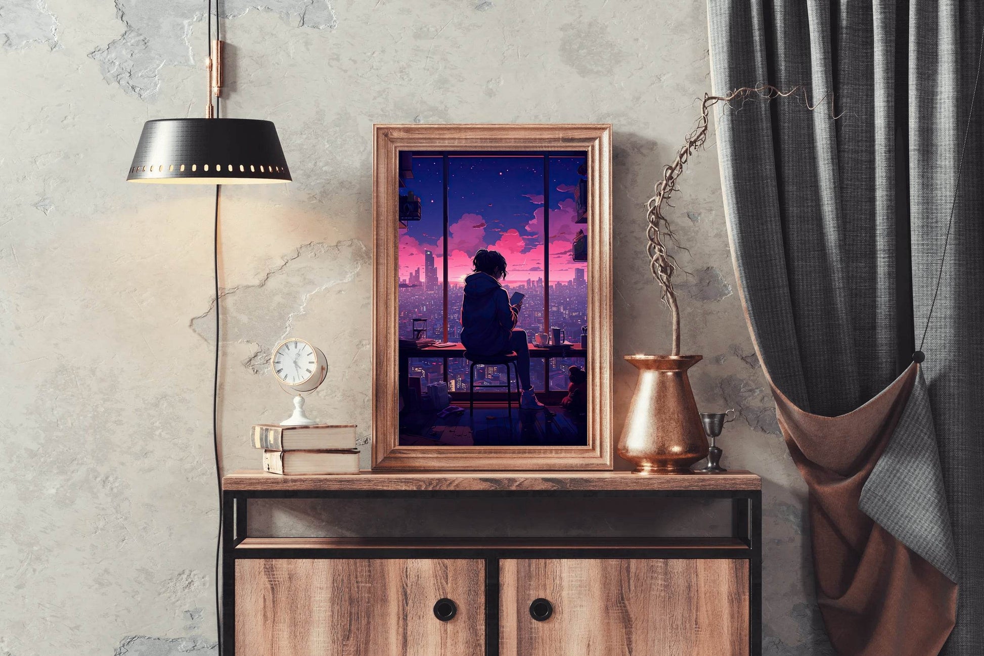 Evening Cityscape Neon Lights Lofi Style and Moody Anime Wall Art - beink online art store