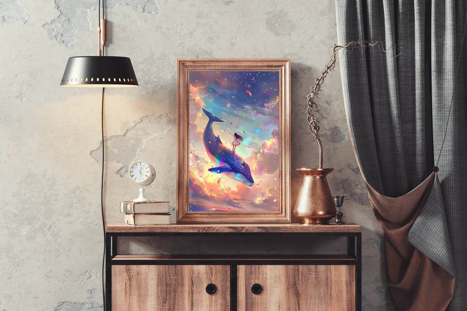 Illustration of a Girl Riding Colorful Whale - beink online art store