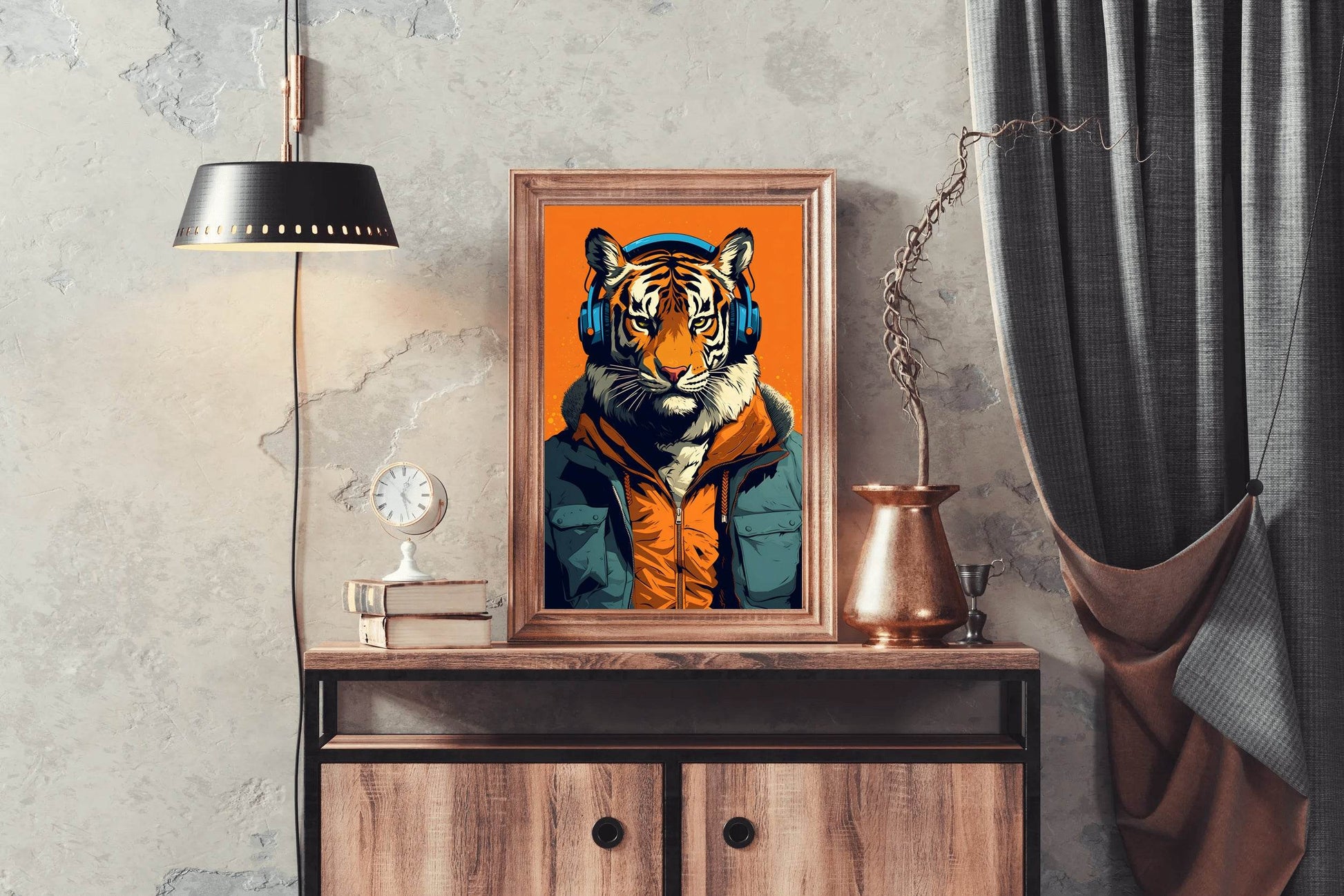 Painting of a Tiger Wearing Headphones and a Jacket. - beink online art store