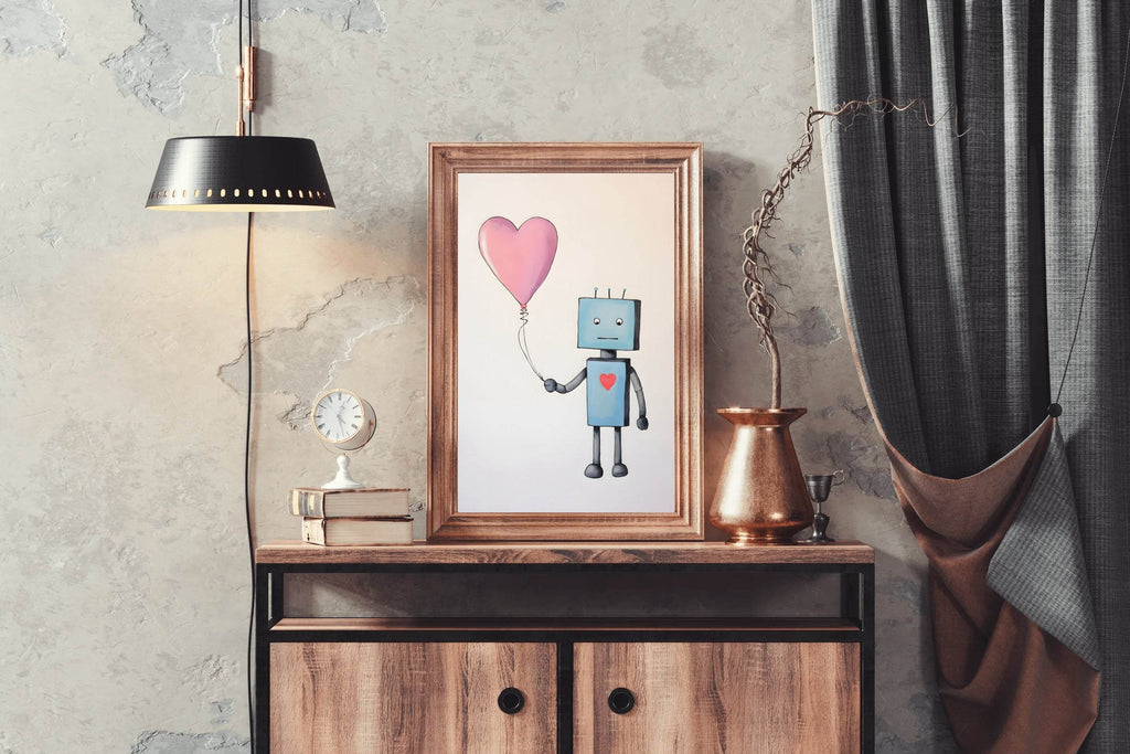 Drawing of Blue Robot Holding Pink Heart - beink online art store